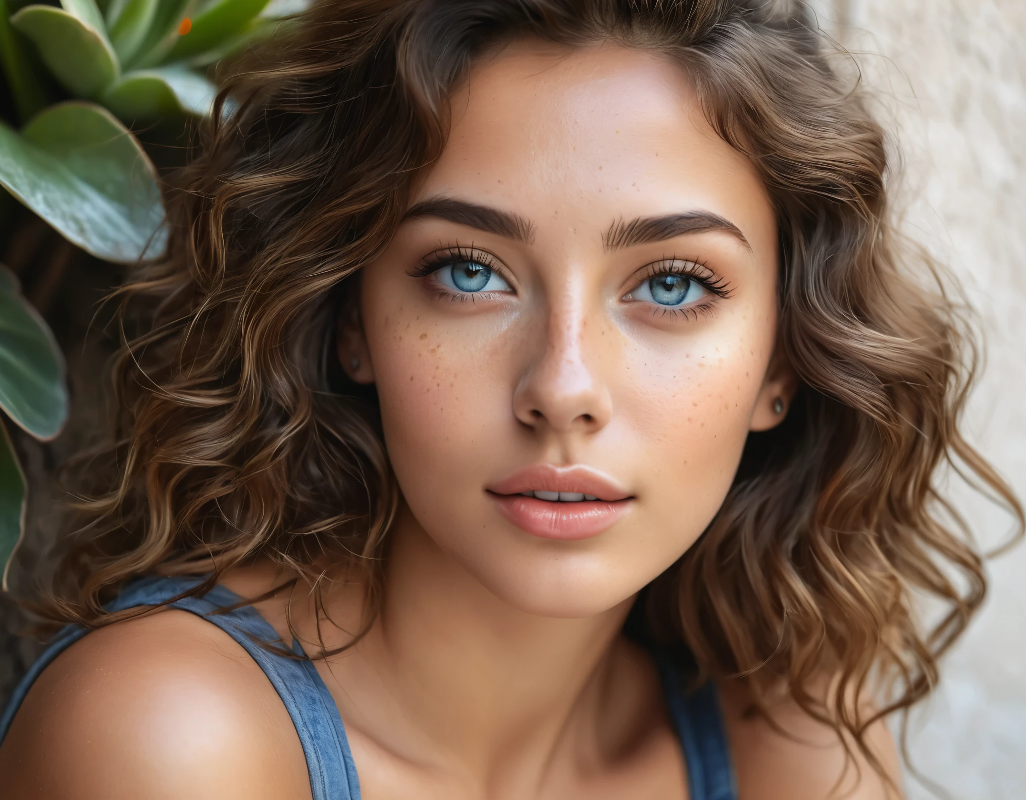 portrait photo of an Attractive woman with a brown tank top and a faded blue jeans, comfort fit, (perfect face ), perfect face!!!, gorgeous attractive face, gorgeous Latina, she's sitting on a step outside her feet on the cobblestone street, ceramic potted succulents, plants and flowers line the area, lovely private nook, beautiful perfect Latina, relaxed and posing, beautiful facial features, perfect face and eyes, perfect face, perfect face!!, extremely beautiful face, looking at the camera, gorgeous face, perfect facial features, close-up perfect face, highly detailed, hazel eyes, some freckles on her cheeks, medium length curly brown hair, photography: (best quality, masterpiece:1.2), UHD RAW, ,ultra high res, masterpiece, best quality, ultra-detailed, Detailed real face, highly detailed glossy eyes, (Watch the camera), detailed skin pores, intricate eye details, Realistic