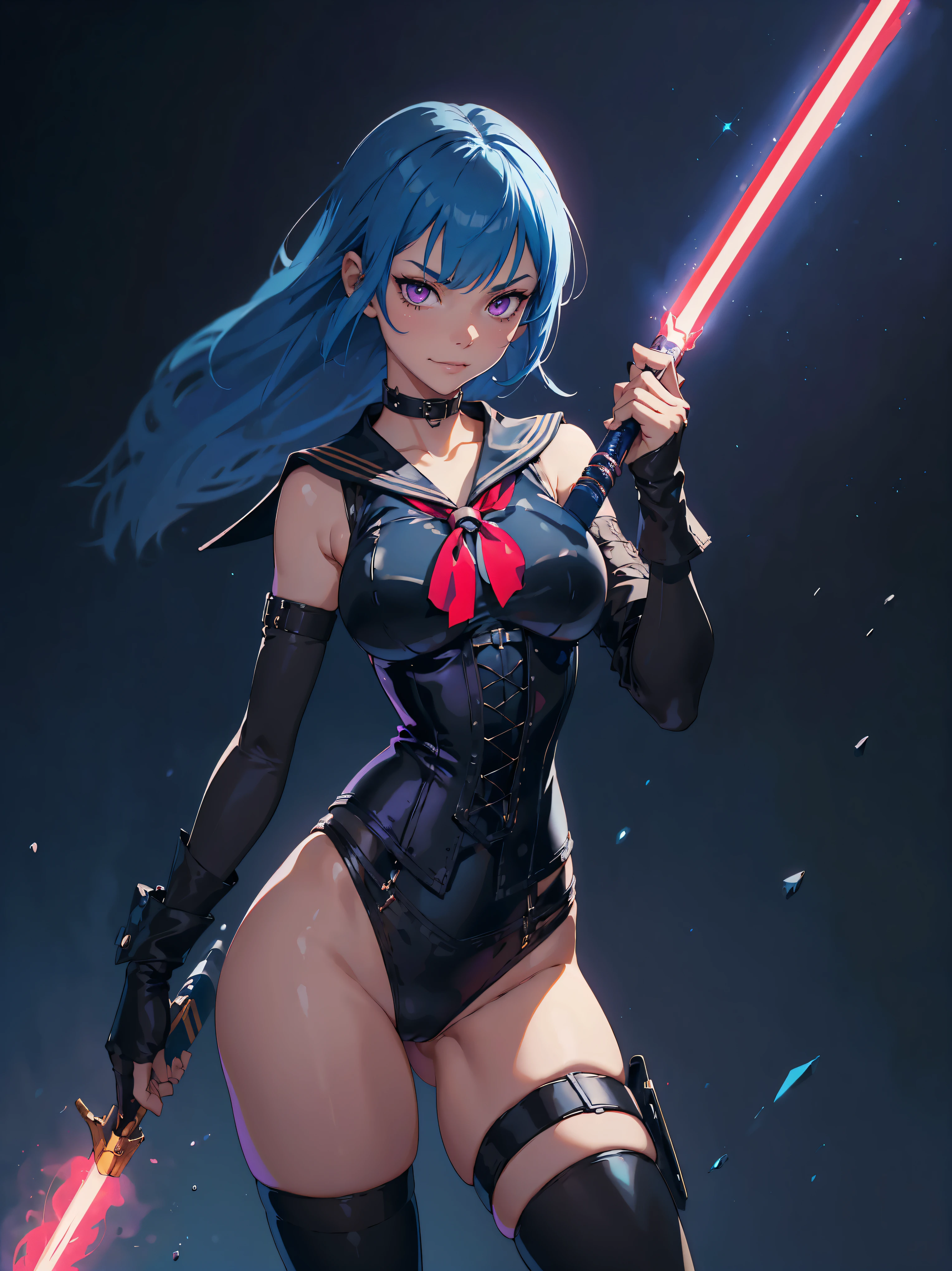 masterpiece, high quality, illustration, extremely detailed, standing, (((wide stance))), 1_woman, (upper body), holding lightsabers in each hand, lightsaber, starwars, ((floating in the air)), (bright blue hair), medium length hair, cute bangs, flowing hair, (exotic skin_complexion:1.4),mature, tall, ((smirking)), (smirk), beautiful, exotic, elegant, slim, wearing (((sailor collar))), black (one_piece bathing suit), black thigh highs, choker, medium bust, (black steampunk corset), thigh gap, (cameltoe), knee high heels with laces, (sleeveless), (black fingerless_gloves), making a fist, diamond shaped eyes, (((purple eyes))), dark_eyeliner, long_eyelashes), natural dynamic lighting, steampunk, in space, ultra-detailed,