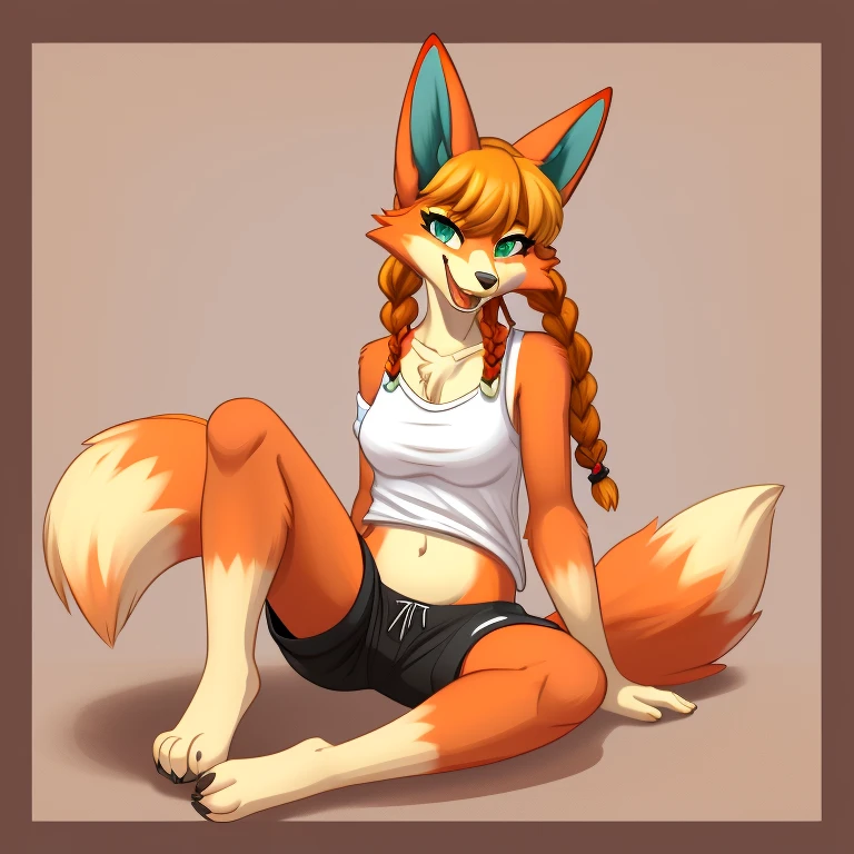 anthropomorphic foxy girl resting on her hind legs at her feet, 1girl, solo, animal ears, breasts, barefoot, fox tail, tail, furry, fox ears, furry female, body fur, green eyes, bangs, open mouth, sitting, wearing black shorts, animal nose, bare shoulders, fox girl, navel, shirt, braid, twin braids, orange hair, orange fur, smile, full body, artist name, happy, looking at viewer, long hair, white fur, white shirt, sleeveless shirt