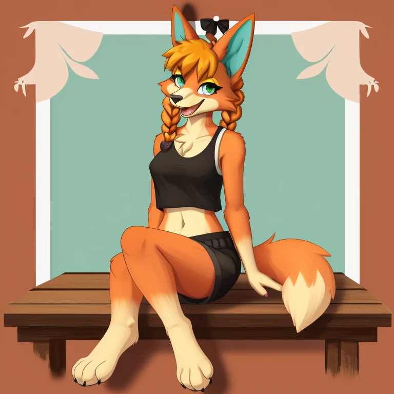 anthropomorphic foxy girl resting on her hind legs at her feet, 1girl, solo, animal ears, breasts, barefoot, fox tail, tail, furry, fox ears, furry female, body fur, green eyes, bangs, open mouth, sitting, wearing black shorts, animal nose, bare shoulders, fox girl, navel, shirt, braid, twin braids, orange hair, orange fur, smile, full body, artist name, happy, looking at viewer, long hair, white fur, white shirt, sleeveless shirt