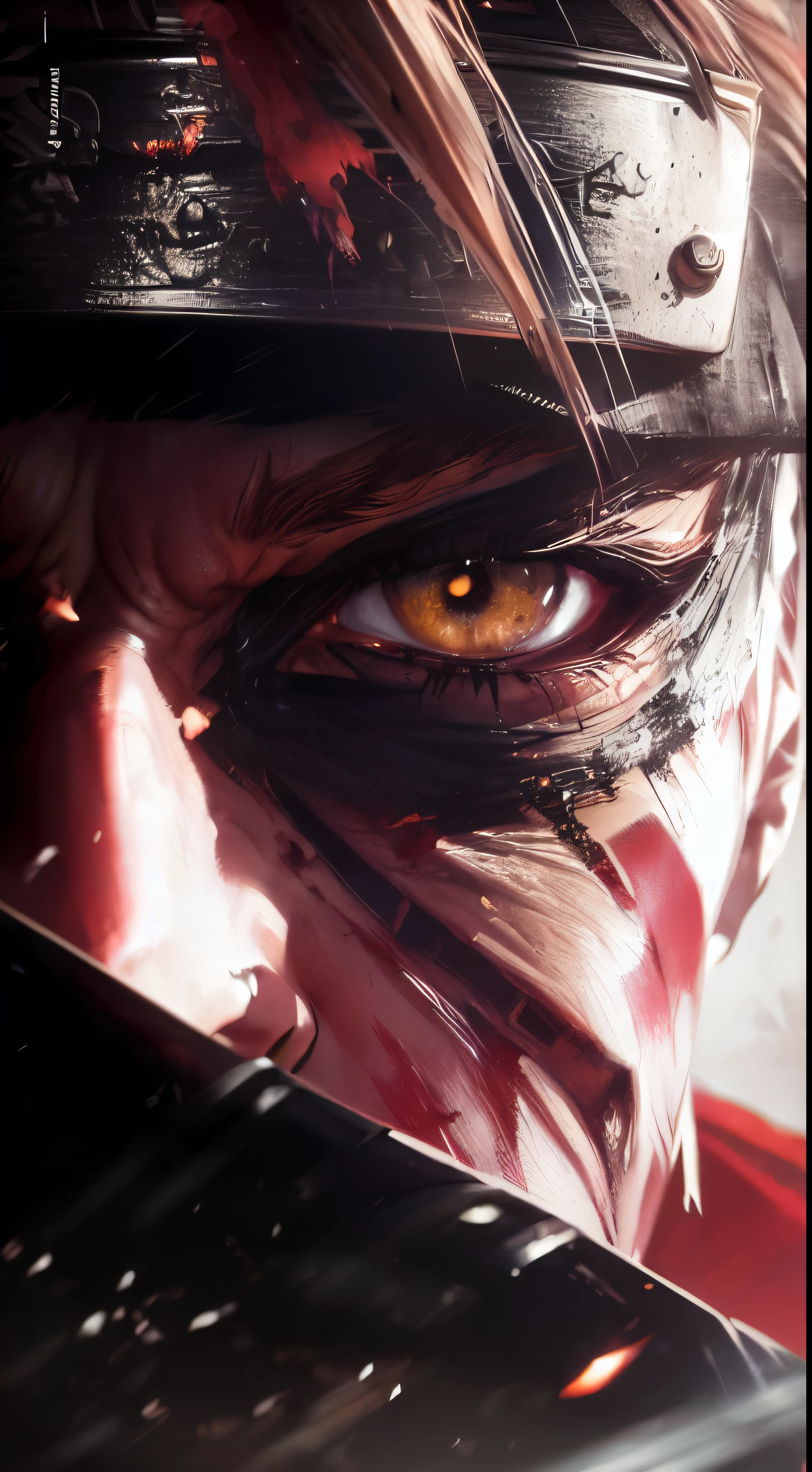 anime character with a knife in his hand and a bloody face, sekiro, 4k concept art and hyper realism, badass anime 8 k, shinobi, joker looks like naruto, snk, joker as naruto, ultra realistic concept art, akihiko yoshida. unreal engine, inspired by Kanō Hōgai, tekken 7, trending on artstationhq (YELLOW EYES) 