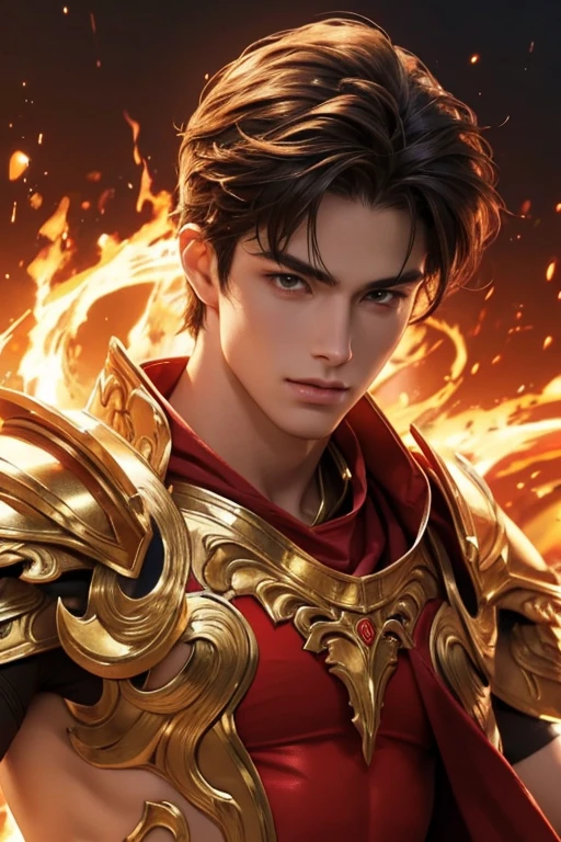full body photorealistic handsome Hunky man with dragon's red and gold light armor, helmet and skirt in saint seiya style, shirtless, full body, best quality, master, realistic face, best quality, Portrait of a boy, realistic 4k, 18k volcanoes with fire everywhere
