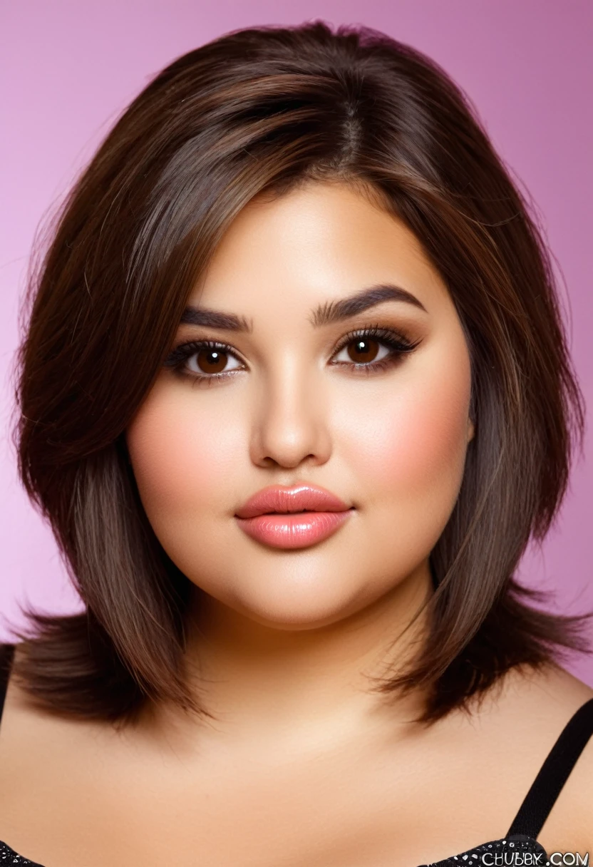 Round bit chubby face female with shoulder length brown hair with chocolate brown eyes rounded nose full cupid lips