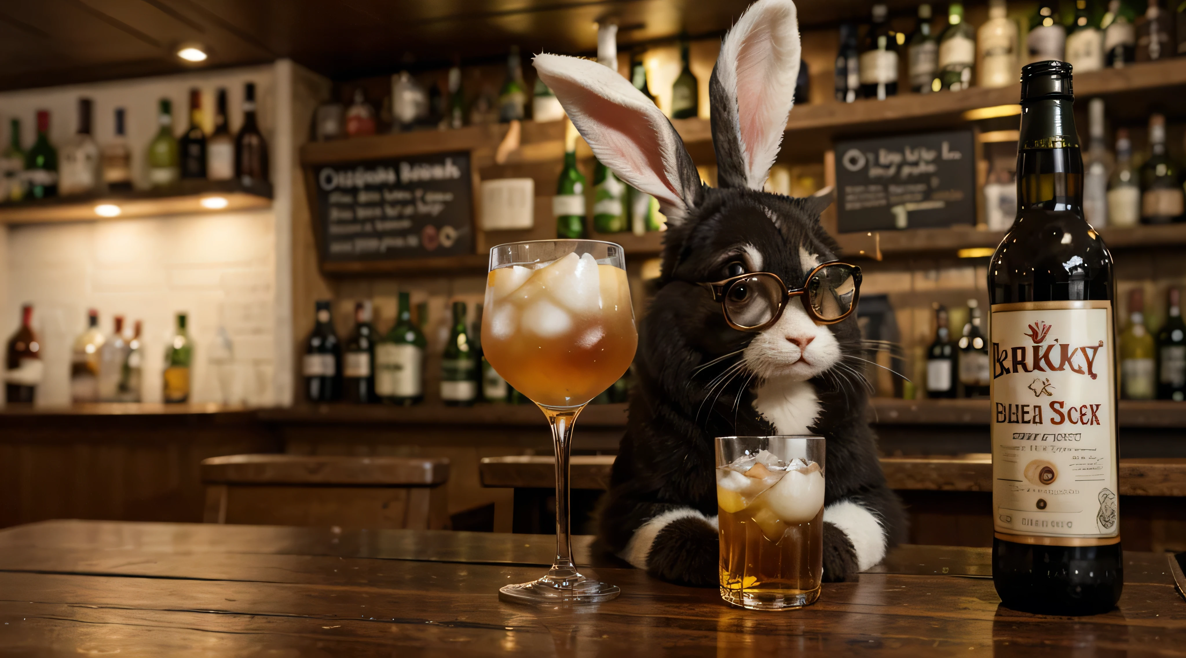 a rabbit cartoon in glasses holds a bottle of alcoholic drink against the backdrop of a pub