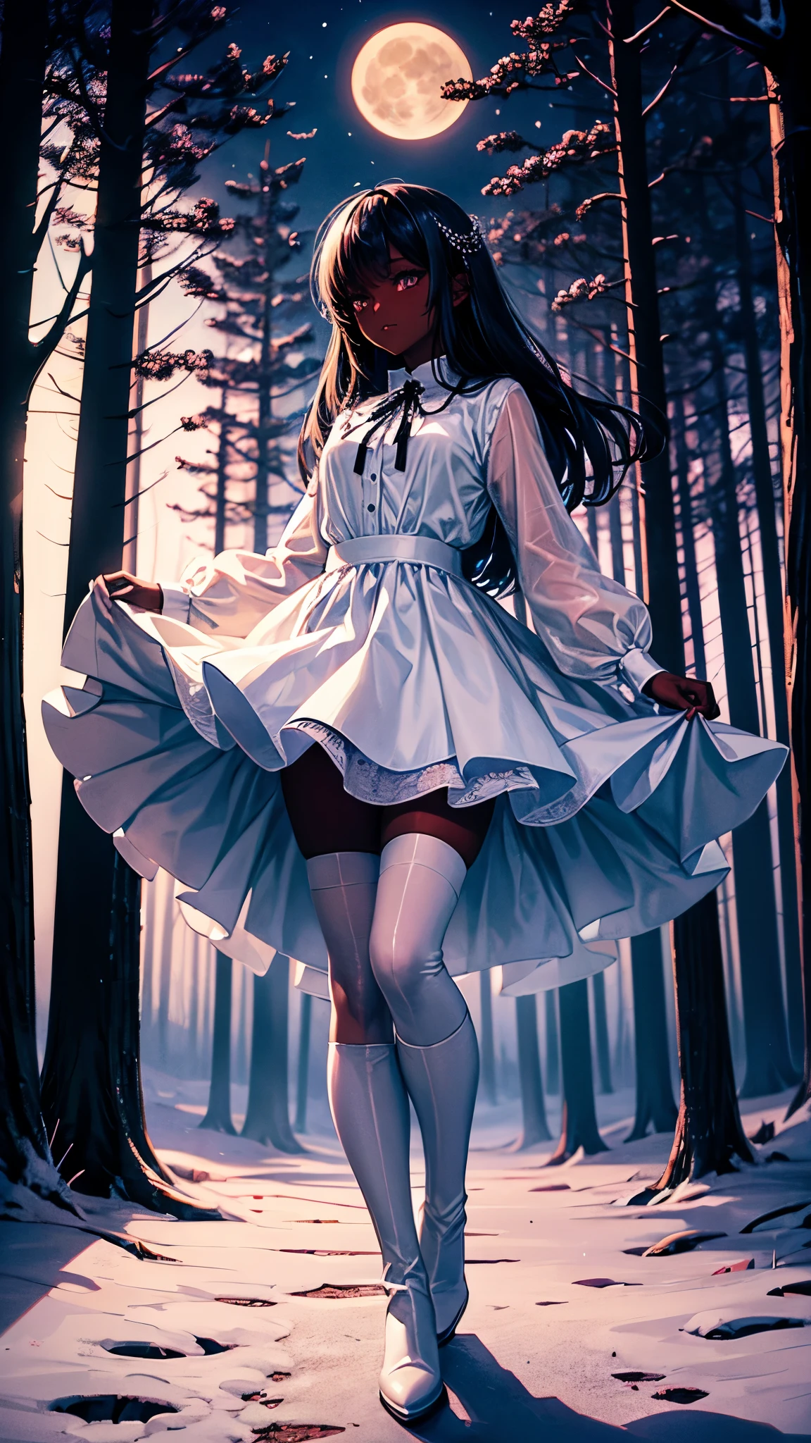 dark skin girl, white clothes, make-up, long-sleeves puffy shirt, tulle skirt, stockings, white boots, forest at night, moonlight