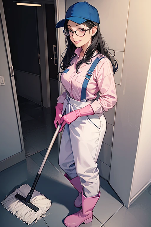 A mature woman with black hair and glasses wearing blue long-sleeved work clothes and a work cap, wearing pink long rubber gloves and white rubber boots, cleaning the building while smiling gently