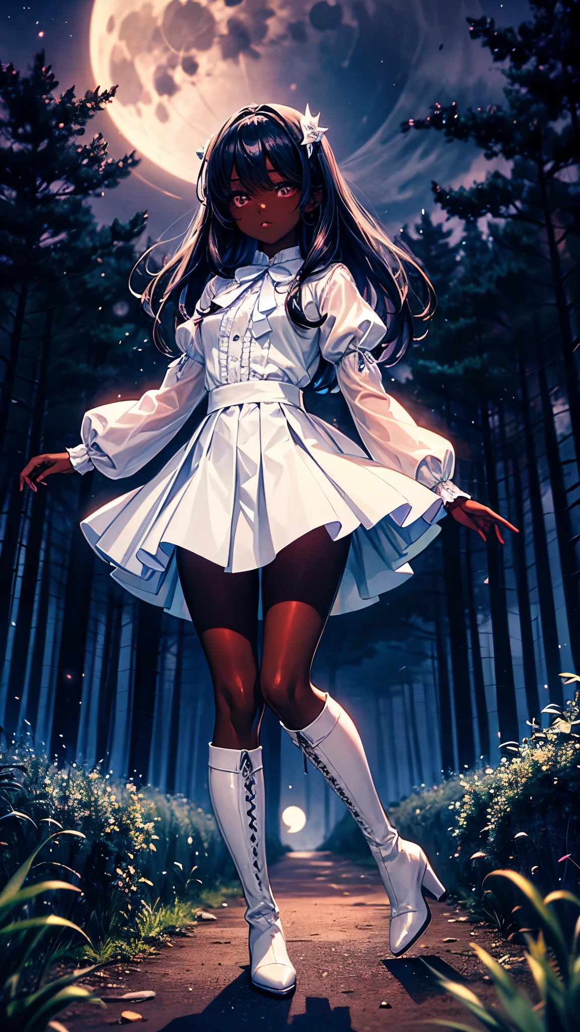 dark skin girl, white clothes, make-up, long-sleeves puffy shirt, tulle skirt, stockings, white boots, forest at night, moonlight