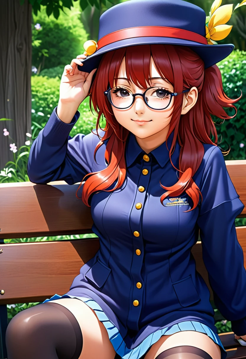 Anime girl with glasses and a hat sitting on a bench, Marin Kitagawa Fanart, Cute girl anime visuals, Misato Katsuragi, As an anime character, Anime Moe Art Style, magic , safebooru anime images, y 2 k cutecore crowncore, Short full body portrait!, megumu okada