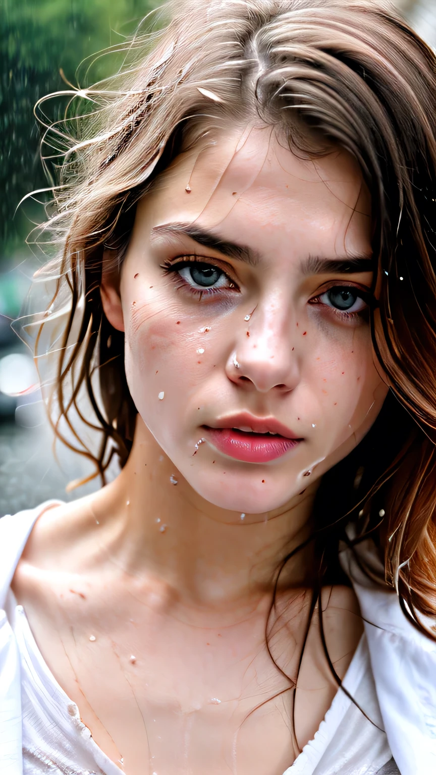 1. Angelic Woman, (European Caucasian), White shirt, Ripped jeans, 薄dark, dark, despair, rage, movie, tears, (Torn clothes), (Wet clothes), Exposing shoulders, Real Rain, Wet Hair､masterpiece, 最high quality, high quality, High resolution,(((Face close-up)))