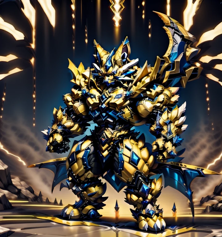 Zeraora's giant robot. (masterpiece, best quality, detailed:1.2) (Pokémon) Powered exoskeleton with the same design as Zeraora big muscle, GIANT, pecs, triceps, traps, waist narrow. bulge in the crotch, with huge golden laser sword, body full of huge muscles. also have a cloak on my back. The cloak is so long that it touches the ground, showing off muscles, mechs, Correct limbs, detailed full body, Very muscular, Large pecs, Heavyweight, Bodybuilder figure, Wearing cyberpunk mecha, big bump, sparkling skin, Vibrant colors, 4K, realism, Don't stray too far from Zeraora's design, Furry Heroes, Main is yellow COLOR, have big wings.