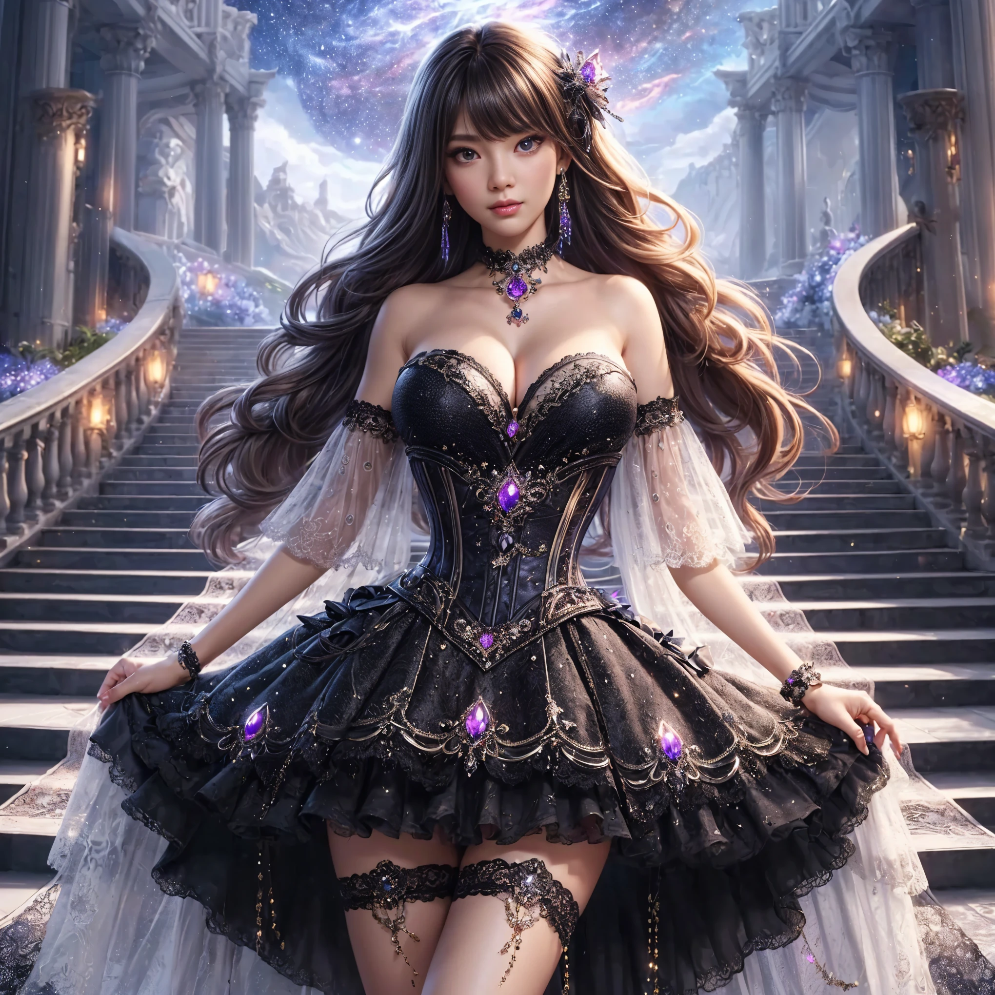 An asian woman with loose hair, standing on the stairs in the middle of a magical atmosphere, with a predominantly blue and red costume, a strapless corset-style dress decorated with bright purple jewels, a short tutu skirt, black thigh-high stockings with lace tops and ornaments purple jewels, white high heels with gold decoration, grand staircase background under mysterious sky full of stars and celestial bodies, crystal detailed, hyper realistic, hyper detail Transparent clothing, Detailed gemstones, masterpiece, best quality:1.2),,(8k,highres,RAW photo,realistic,photo-realistic:1.3),(detailed skin texture,detailed cloth texture, beautiful detailed face:1.25),professional lighting,photon mapping,beautiful soft light,radiosity,physically-based rendering,raytracing, model shoot style, model shoot style, (extremely detailed CG unity 8k wallpaper), full shot body photo of the most beautiful artwork in the world (NSFW), (Nude), (Naked), (Nipple) (pussy) (small pussy) (exposed pussy) 