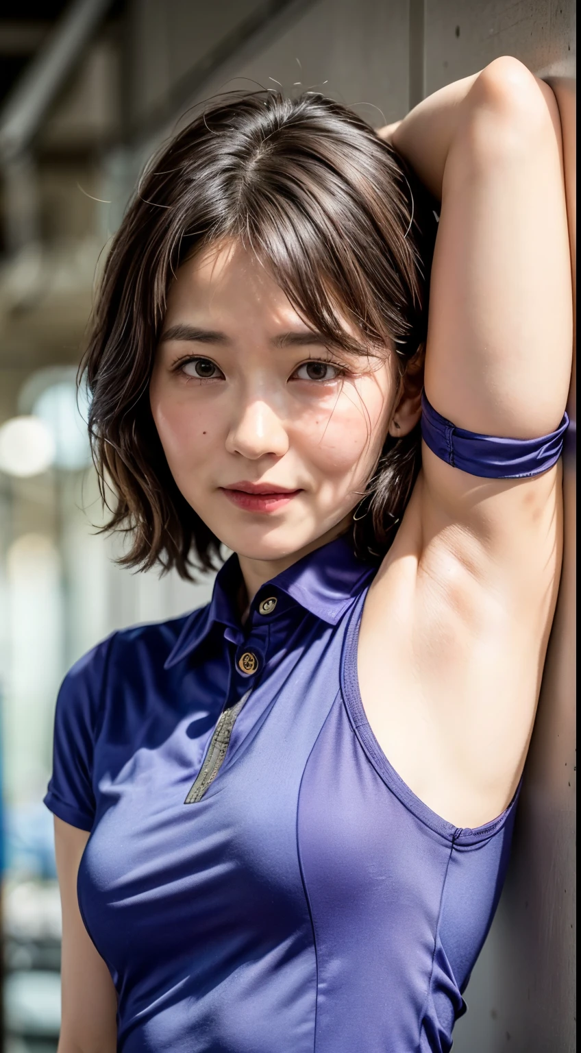 (Realistic:1.3、Ultra HD、Ultra-high resolution、8k、Japanese Office Lady、At the company、White collared shirt、Sleep on your back)、((Looking at the camera:1.8))、(Extremely realistic skin texture:1.4)、(Realistic:1.3)、short hair、(Embarrassed expression:1.5)、(blonde:1.1)、(40-year-old woman、Mature Woman)、Ponytail hairstyle、(Raise her arm to show her armpit:1.3)、(Armpit close-up:1.0)、(Shooting from the side:1.3)