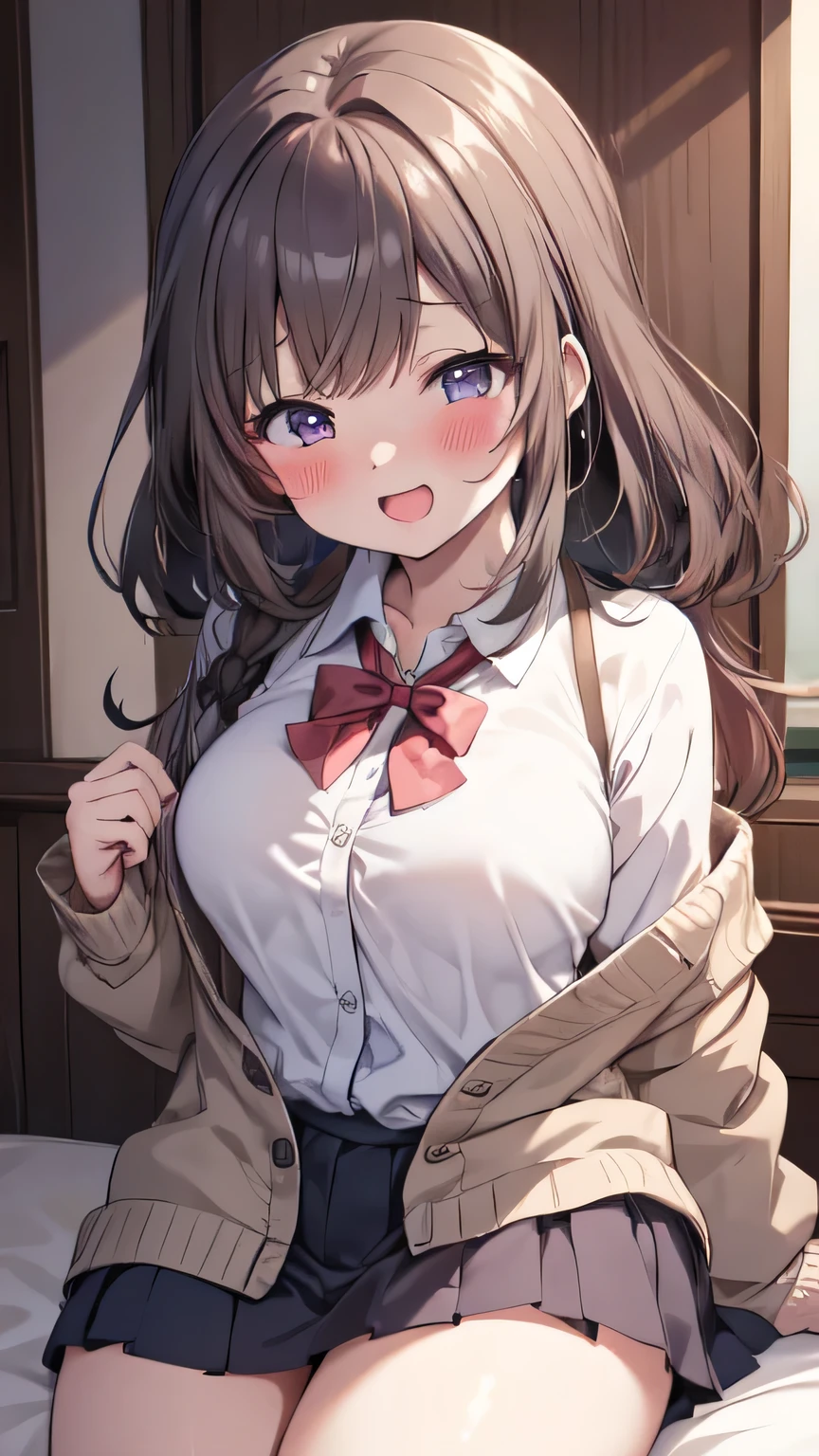 Very detailed、(8k, RAW Photos, highest quality, masterpiece:1.2), (Very detailed 8k wallpaper),shape、Professional Lighting,Sharp focus, Written boundary depth、
Browsing Caution、Clear Eyes、Perfect Anatomy、With a girl、、Black Hair、、、(White lace panties:1.1)、(Beige cardigan:1.2)、White collar shirt、bow tie 、Micro Mini Skirt、、(blush:1.5),Open Mouth、,、imminent kiss,(Plump thighs:1.1)、(Leg spread:1.1)、From above、