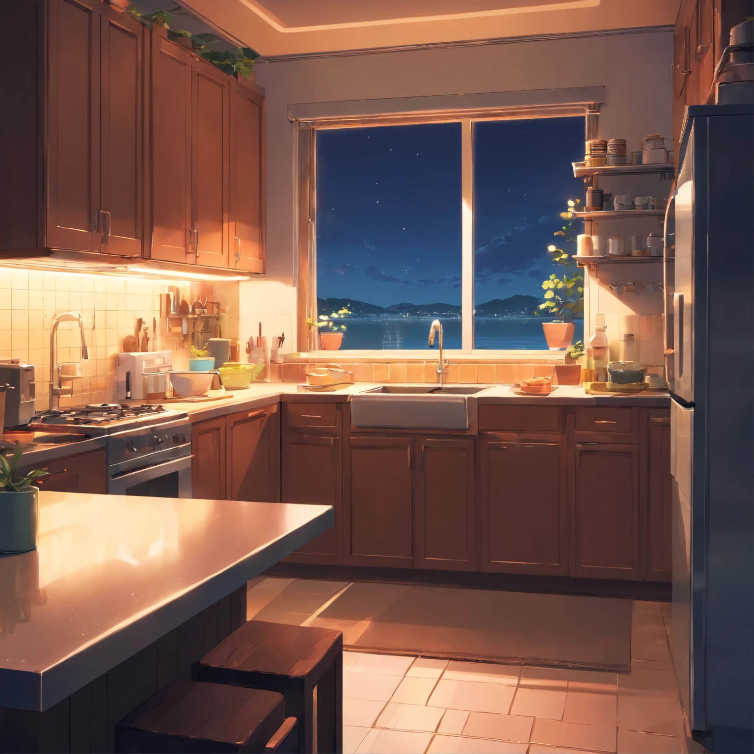 Kitchen at night，（(Sink 1.4)), cabinet，dining table,Dim Lights，high quality