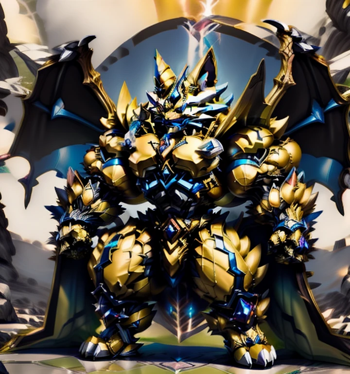 Zeraora's giant robot. (masterpiece, best quality, detailed:1.2) (Pokémon) Powered exoskeleton with the same design as Zeraora big muscle, GIANT, pecs, triceps, traps, waist narrow. bulge in the crotch, with huge golden laser sword, body full of huge muscles. also have a cloak on my back. The cloak is so long that it touches the ground, showing off muscles, mechs, Correct limbs, detailed full body, Very muscular, Large pecs, Heavyweight, Bodybuilder figure, Wearing cyberpunk mecha, big bump, sparkling skin, Vibrant colors, 4K, realism, Don't stray too far from Zeraora's design, Furry Heroes, Main is yellow COLOR, have big wings.