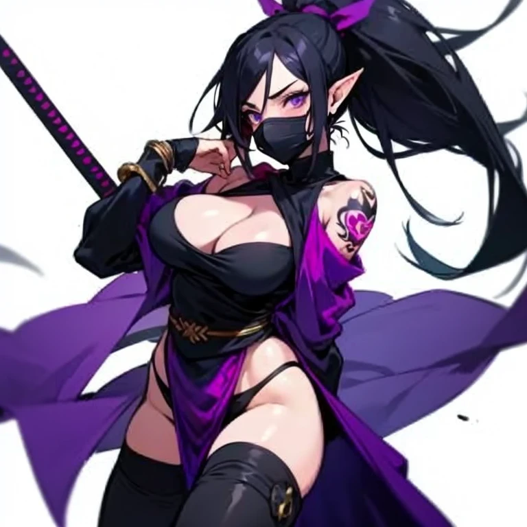 Masterpiece, best quality, expressive eyes, perfect face , 1girl, solo, breasts, black hair, weapon, mask, ninja, cleavage, pointy ears, large breasts, long hair, ponytail, mouth mask, tattoo, thighhighs, hair over one, purple eyes, pelvic_curtain, panties