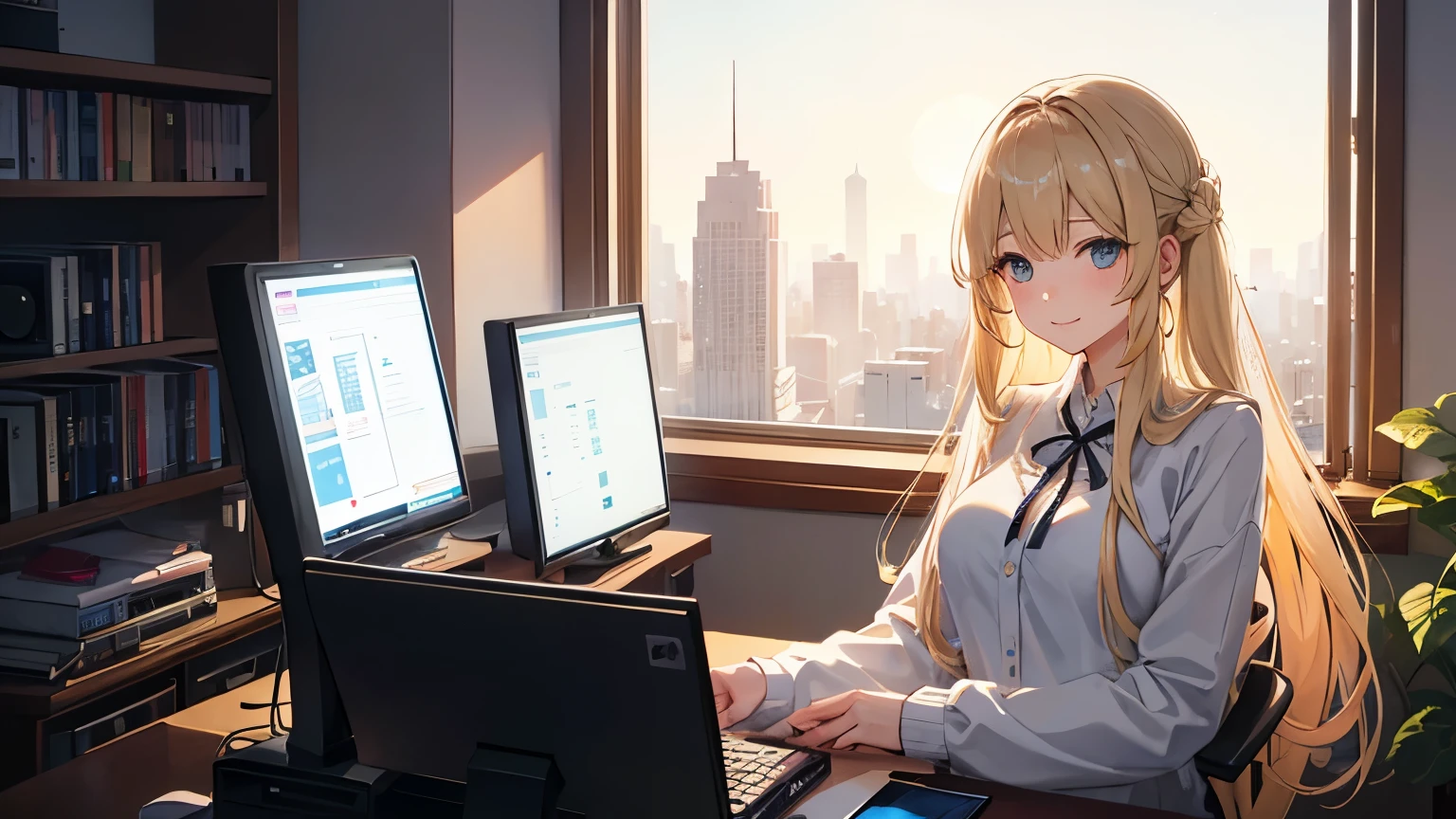 Melody Mark、highest quality、Mast Piece、1 female、solo、(Psychedelia)、(OL:1.5)、(Lots of computers and papers)、A ray of light spreads、(Nostalgic scenery)、An office window with a view of the building、(full moon: 1.3）（Longhair Blonde)、A sad smile、（Large Breasts:1.3）、Long eyelashes、Large mouth、（Attractive looks:1.5）