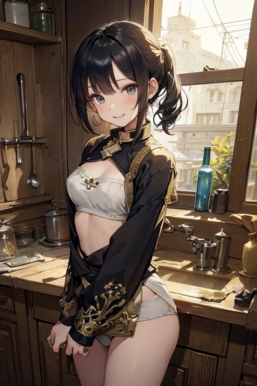 (fantasy:1.5),(anime,8k,masterpiece, top quality, best quality,beautiful and aesthetic:1.2,professional illustrasion:1.1,ultra detail:1.3,perfect lighting),extremely detailed,highest detailed,incredibly absurdres , highres, ultra detailed,intricate:1.6,(Alchemy Workshop:1.4),A girl mixing,Medicine in many small bottles,holding small potion,colorful:1.4,zentangle,(1girl),(girl),(Three kingdoms female warload),(highly detailed beautiful face and eyes,firm breasts),oily skin,((black,hair,short bob with short pony tail hair)),thin pubic hair,cute,lovely,34 years old,alchemist costume,Merchant's Clothing,smile,in the kitchen,smile,seductive weak smiling,(with sparkling eyes and a contagious smile),open mouth, Looking at Viewer,