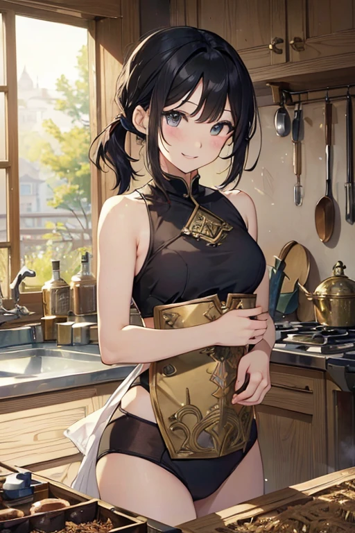 (fantasy:1.5),(anime,8k,masterpiece, top quality, best quality,beautiful and aesthetic:1.2,professional illustrasion:1.1,ultra detail:1.3,perfect lighting),extremely detailed,highest detailed,incredibly absurdres , highres, ultra detailed,intricate:1.6,(Alchemy Workshop:1.4),A girl mixing,Medicine in many small bottles,holding small potion,colorful:1.4,zentangle,(1girl),(girl),(Three kingdoms female warload),(highly detailed beautiful face and eyes,firm breasts),oily skin,((black,hair,short bob with short pony tail hair)),thin pubic hair,cute,lovely,34 years old,alchemist costume,Merchant's Clothing,smile,in the kitchen,smile,seductive weak smiling,(with sparkling eyes and a contagious smile),open mouth, Looking at Viewer,