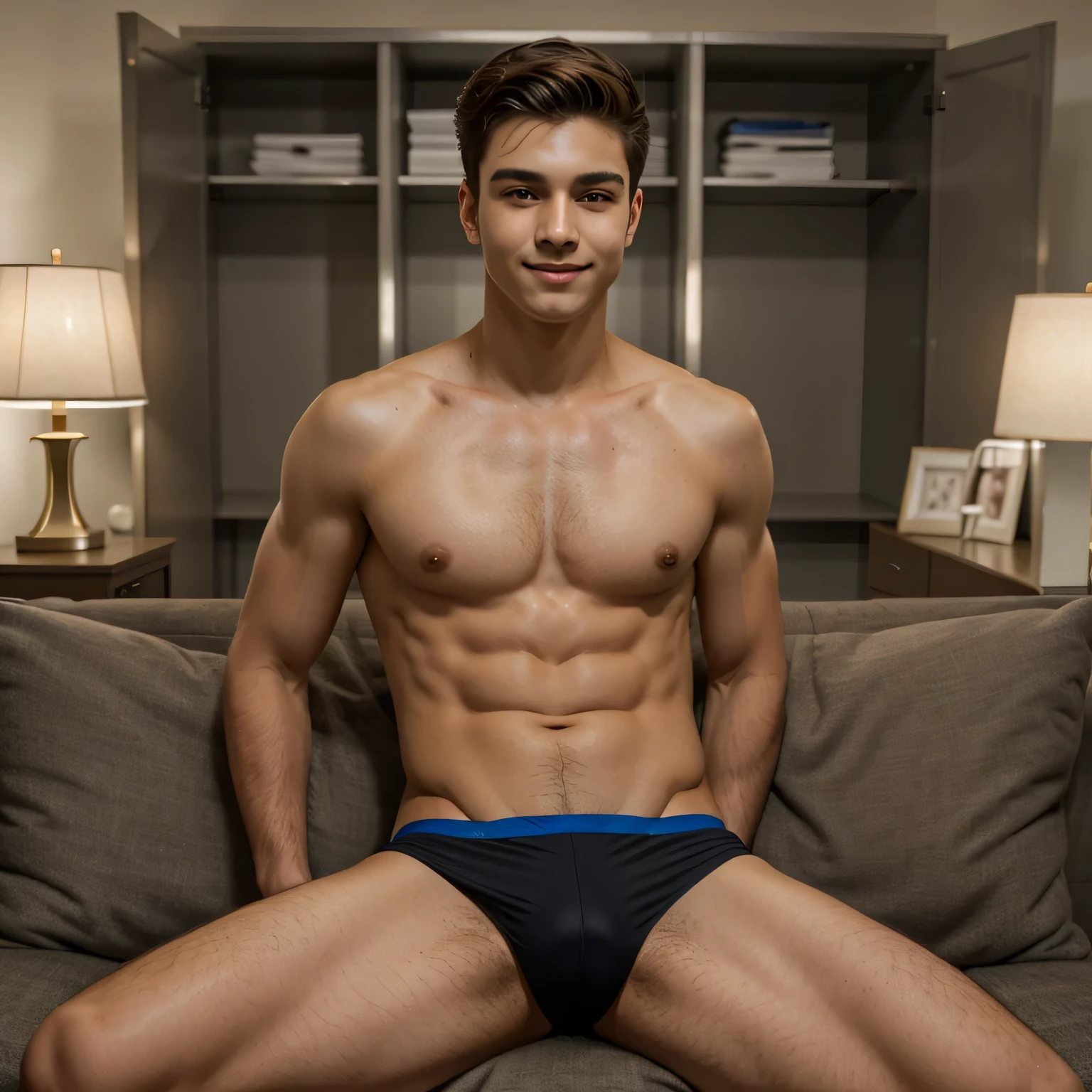 (portrait) (full body photo) (photo from head to toe), In an dimly lit empty locker room, a stunning boy in swim underwear sits confidently on a sofa, radiating beauty and confidence.
he wore swim underwear, creating an eye-catching ensemble that perfectly complements his figure.
As he sits on the chair, his posture exudes confidence and elegance. he embodies the essence of a modern boy who effortlessly combines style and intellect.
he is looking at viewer, skin texture, ultra high res, RAW, instagram LUT, masterpiece, best quality, ultra-detailed, solo, ultra high resolution, RAW, 4k, ((extremely detailed eyes and face)), ((beautiful detailed nose)), ((beautiful detailed thigh)), ((beautiful detailed eyes)), perfect body proportion, smile, sexual satisfying face, (1boy) (bare chest)