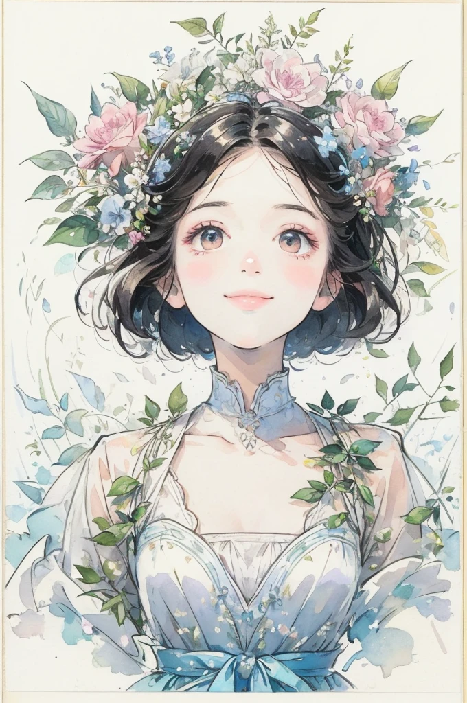 (masterpiece、highest quality、highest quality、Beautiful and beautiful:1.2)、Good anatomy、（Watercolor 1.5）、Composition looking up from a low position、Long Shot、Drawing of a girl with straight short hair、Beautiful smile、Pure White Fairy Costume、pure、Charm、Gazing at the blue sky、Flowers and leaves、Botanical Art