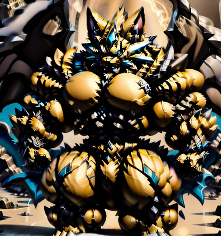 Zeraora's giant robot. (masterpiece, best quality, detailed:1.2) (Pokémon) Powered exoskeleton with the same design as Zeraora big muscle, GIANT, pecs, triceps, traps, waist narrow. bulge in the crotch, with huge golden laser sword, body full of huge muscles. also have a cloak on my back. The cloak is so long that it touches the ground, showing off muscles, mechs, Correct limbs, detailed full body, Very muscular, Large pecs, Heavyweight, Bodybuilder figure, Wearing cyberpunk mecha, big bump, sparkling skin, Vibrant colors, 4K, realism, Don't stray too far from Zeraora's design, Furry Heroes, Main is yellow COLOR, have big wings.