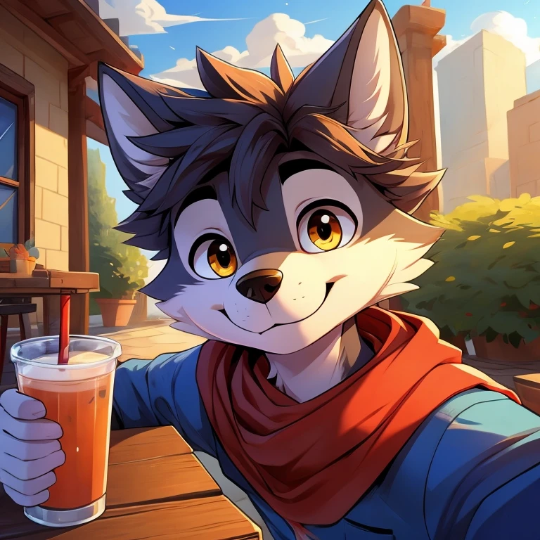 Draw a line-only cartoon of a skinny wolf fur boy who is taking a selfie while having a drink with the perspective from the camera angle, que solo enfoque su cuello, bebida la mitad de pecho y su cara. Con una sonrisa y sin mucho detalle, que sea 2d y simple. Que el chico tenga una bufanda y ojos razgados