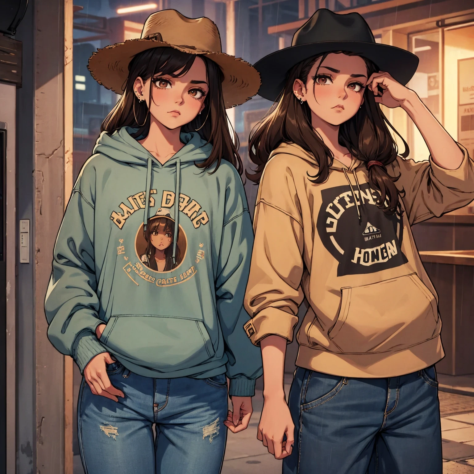 create a blank mock up for a faded black washed hoodie, retro baggy, 90s look, brown hair, with a blank cowboy hat on, beautiful female thin face, piercings on face, loose fit, baggy, pretty eyes, absolutely blank hoodie, night life in background, rain 