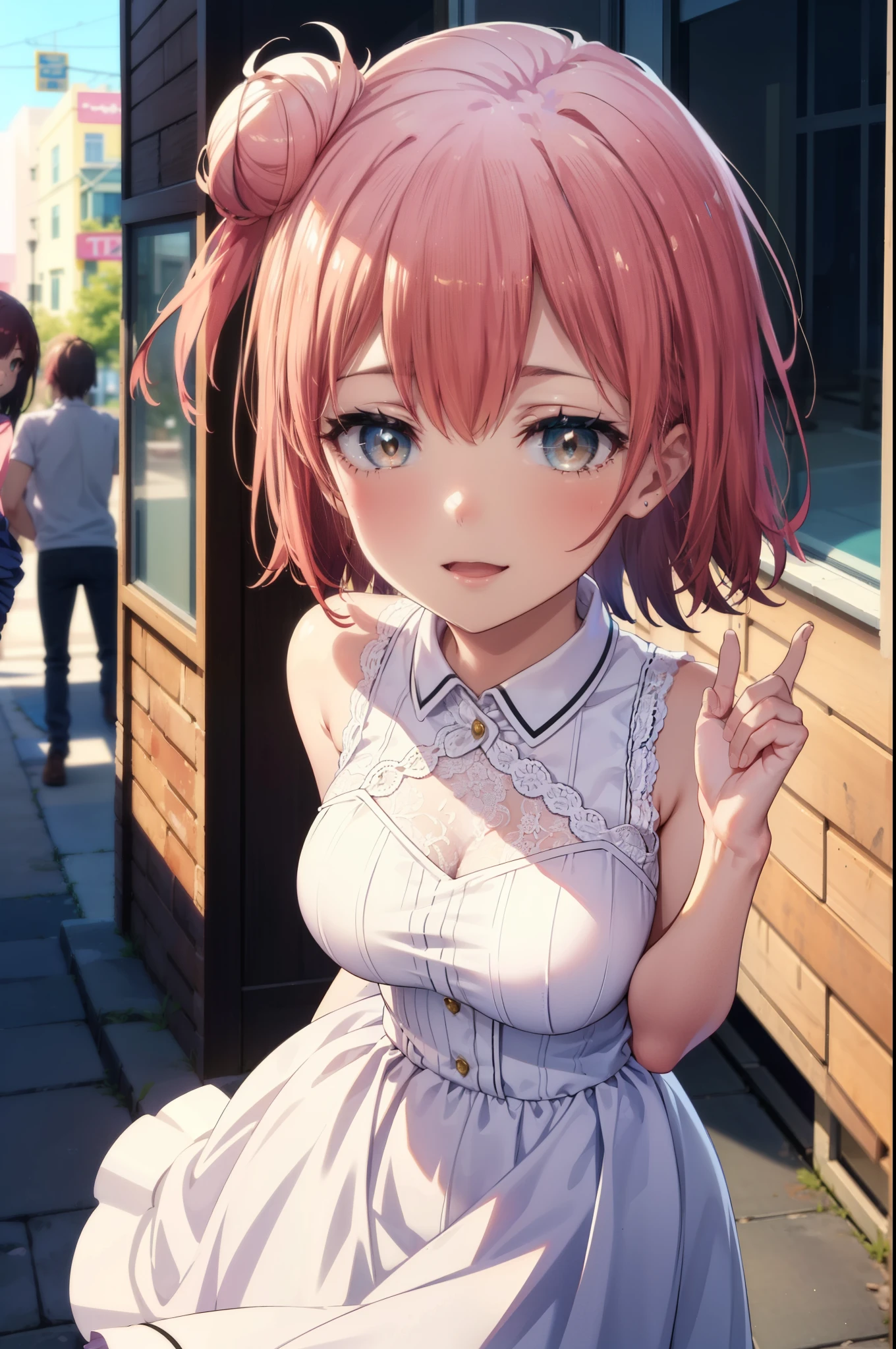 yuiyuigahama, yui yuigahama, short hair, (Brown eyes:1.5), (Pink Hair:1.2), Hair Bun, Big Breasts,single Hair Bun, happy smile, smile, Open your mouth,Cord off-shoulder top,Short sleeve,Long skirt,Stiletto heels,morning,morning陽,The sun is rising,walk,whole bodyがイラストに入るように,morning,morning陽,The sun is rising,On the way to school,
break outdoors, School,School building,
break looking at viewer, whole body,
break (masterpiece:1.2), highest quality, High resolution, unity 8k wallpaper, (shape:0.8), (Beautiful details:1.6), Highly detailed face, Perfect lighting, Highly detailed CG, (Perfect hands, Perfect Anatomy),