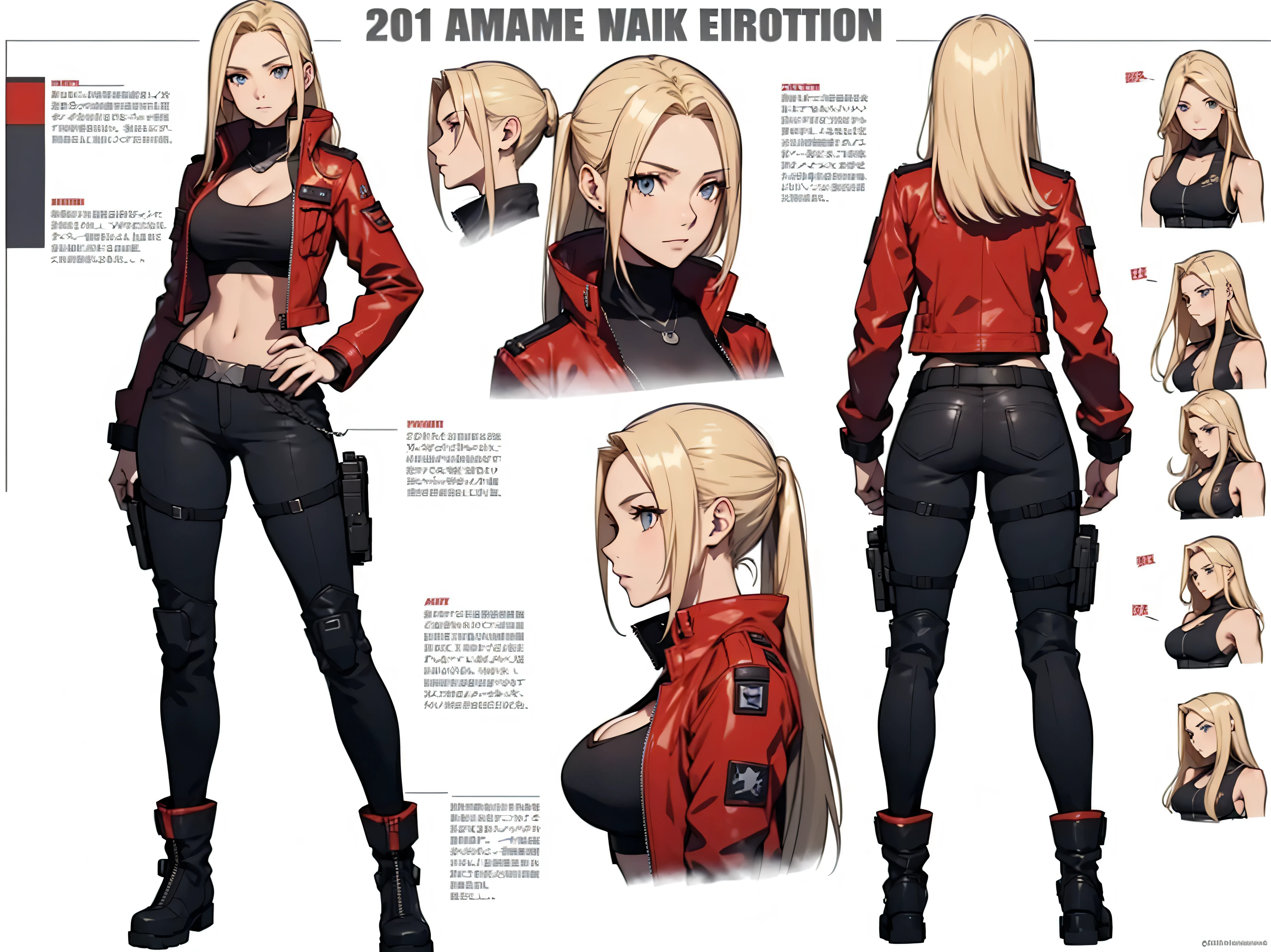 A woman, 20 years old, long blonde hair, tall boots, futuristic red jacket, tank top, cleavage, military pants, tech equipment, Jill valentine, dog tag, various angles, (front, back, side), character sheet, model sheet, reference sheet.