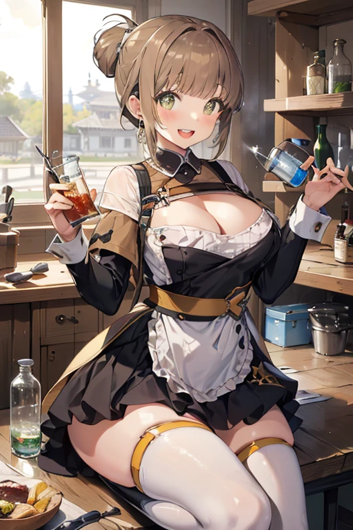 (fantasy:1.5),(anime,8k,masterpiece, top quality, best quality,beautiful and aesthetic:1.2,professional illustrasion:1.1,ultra detail:1.3,perfect lighting),extremely detailed,highest detailed,incredibly absurdres , highres, ultra detailed,intricate:1.6,(Alchemy Workshop:1.4),A girl mixing,Medicine in many small bottles,holding small potion,colorful:1.4,zentangle,(1girl),(girl),(Three kingdoms female warload),(highly detailed beautiful face and eyes,firm breasts),oily skin,((black,hair,short bob with short pony tail hair)),thin pubic hair,cute,lovely,34 years old,alchemist costume,Merchant's Clothing,smile,in the kitchen,smile,seductive weak smiling,(with sparkling eyes and a contagious smile),open mouth, Looking at Viewer,