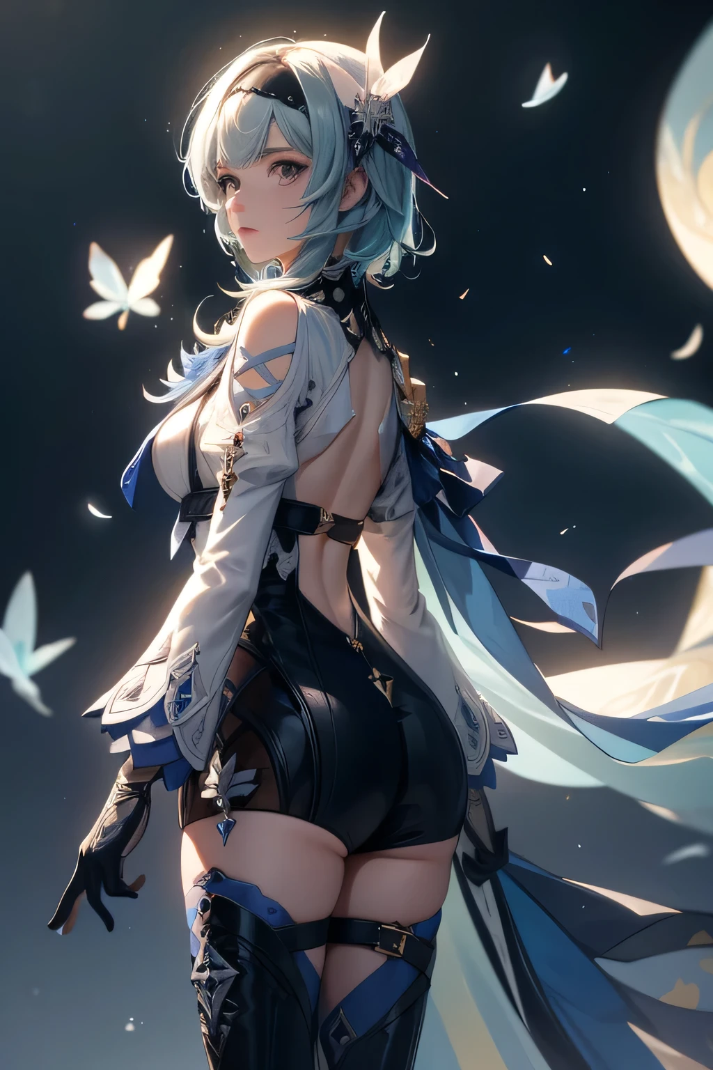 ((euladef)):1.5,((masterpiece,highest quality,Highly detailed images,Beautiful images))1.4(Image of eula leaning back with arms raised、A huge crystal behind、Overall dim lighting、Backlight、A fantastic atmosphere、Thick Fog、Dust flutters)1.3,(eula full body image)1.2、Her back is arched, which emphasizes her chest.