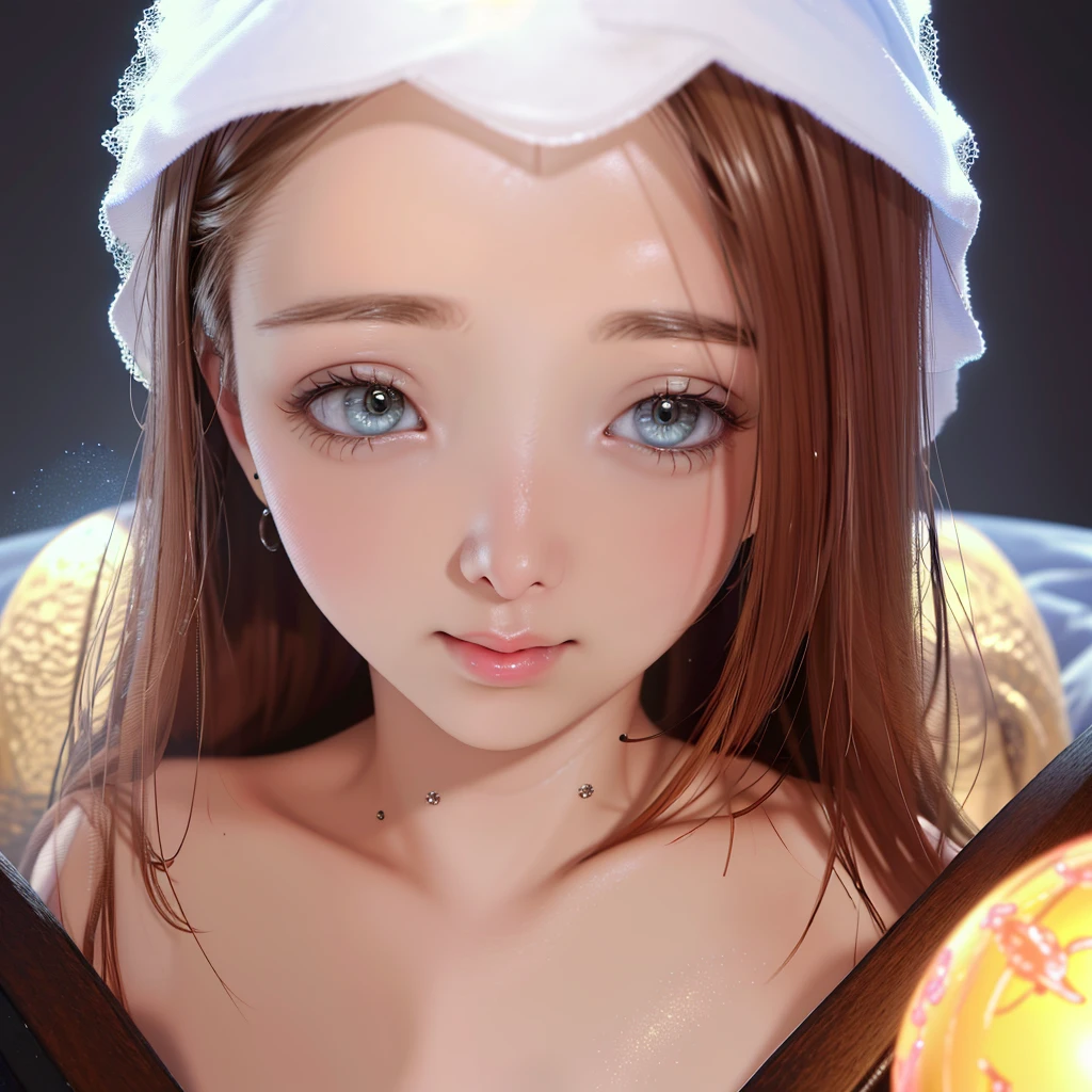 A cute woman is taking a bubble bath inside a snow globe ornament setting upon a table. She has an overly large face and very big expressive eyes. (best quality,4k,8k,highres,masterpiece:1.2),ultra-detailed,(realistic,photorealistic,photo-realistic:1.37), HDR, UHD, studio lighting, ultra-fine painting, sharp focus, physically-based rendering, extreme detail description, professional, vivid colors, bokeh. Portraits, landscapes, horror, anime, sci-fi, photography, concept artists. Soft pastel colors with a dreamlike atmosphere. Soft, diffused lighting that highlights the woman's face and creates a magical ambiance.