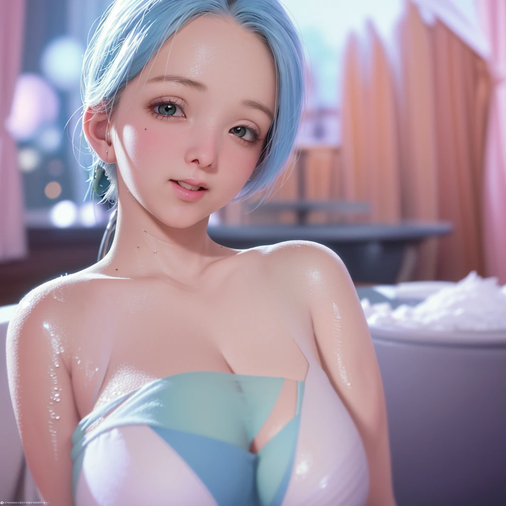 A cute woman is taking a bubble bath inside a snow globe ornament setting upon a table. She has an overly large face and very big expressive eyes. (best quality,4k,8k,highres,masterpiece:1.2),ultra-detailed,(realistic,photorealistic,photo-realistic:1.37), HDR, UHD, studio lighting, ultra-fine painting, sharp focus, physically-based rendering, extreme detail description, professional, vivid colors, bokeh. Portraits, landscapes, horror, anime, sci-fi, photography, concept artists. Soft pastel colors with a dreamlike atmosphere. Soft, diffused lighting that highlights the woman's face and creates a magical ambiance.