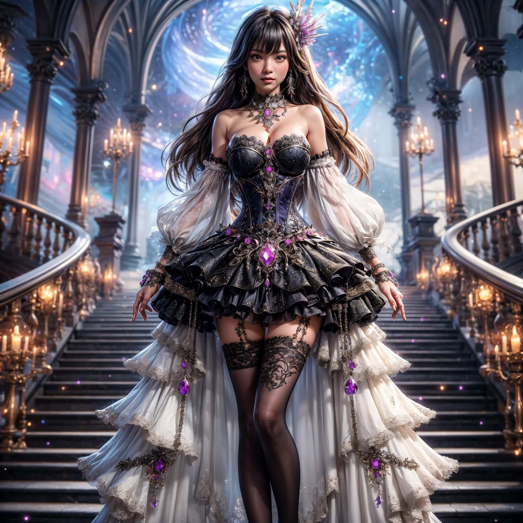 An asian woman with loose hair, standing on the stairs in the middle of a magical atmosphere, with a predominantly blue and red costume, a strapless corset-style dress decorated with bright purple jewels, a short tutu skirt, black thigh-high stockings with lace tops and ornaments purple jewels, white high heels with gold decoration, grand staircase background under mysterious sky full of stars and celestial bodies, crystal detailed, hyper realistic, hyper detail Transparent clothing, Detailed gemstones, masterpiece, best quality:1.2),,(8k,highres,RAW photo,realistic,photo-realistic:1.3),(detailed skin texture,detailed cloth texture, beautiful detailed face:1.25),professional lighting,photon mapping,beautiful soft light,radiosity,physically-based rendering,raytracing, model shoot style, model shoot style, (extremely detailed CG unity 8k wallpaper), full shot body photo of the most beautiful artwork in the world (NSFW), (Nude), (Naked), (Nipple) (pussy) (small pussy) (exposed pussy)