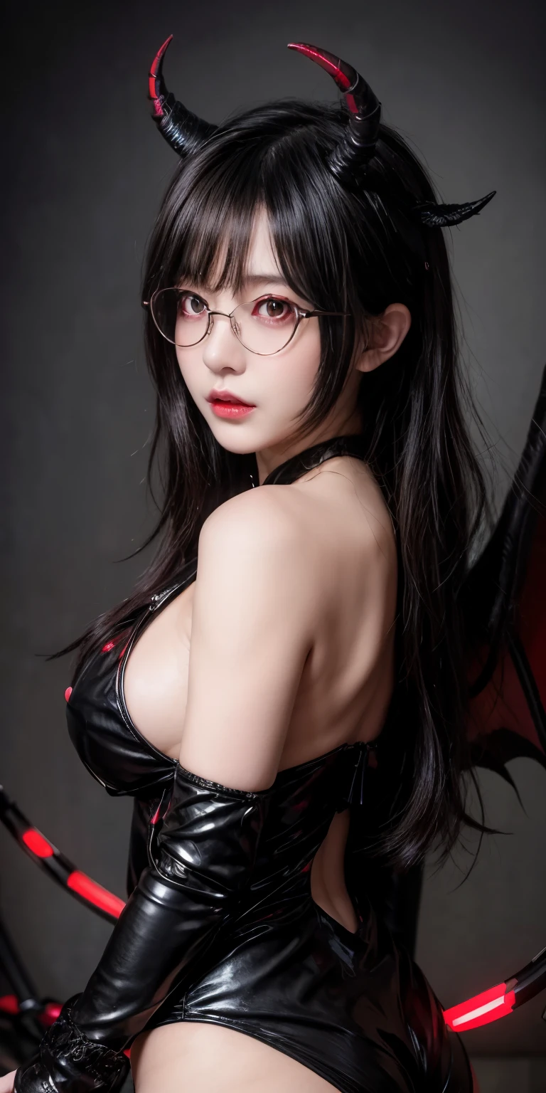 Fine、(The best illustrations)、8K resolution、intricate-detail、top-quality、realisitic、ultra-detailliert、The best lighting、Best Shadows、Ulutra HD、A Necromancer、natta、magia、Dark style、Succubus、Devil's Daughter、Bat Wings,(((Demon Horns)))、(red eyes glowing:1.6)、((((black-rimmed round glasses))))、masterpiece、high_res、Beautiful face、Tindall Effect、photos realistic、(High Detail Skins:1.2)、8KUHD、Digital SLR、hightquality、a picture、hight resolution、 absurderes、Ponytail distortion、best ratio four finger and one thumb、top-quality、masterpiece、Hi-Res、1 girl、hair adornments、a necklace、jewely、Beautiful expression、Body Up、Large breasts emphasis、Toned waist、Wide buttocks、Tindall Effect、Photorealsitic、Dark Studio、Two-tone lighting、(High Detail Skins:1.2)、8K UHD、Digital SLR、Soft lighting、hightquality、volume illumination、Frankness、a picture、hight resolution、4K、8K、Bokeh、(((Colossal tits)))、