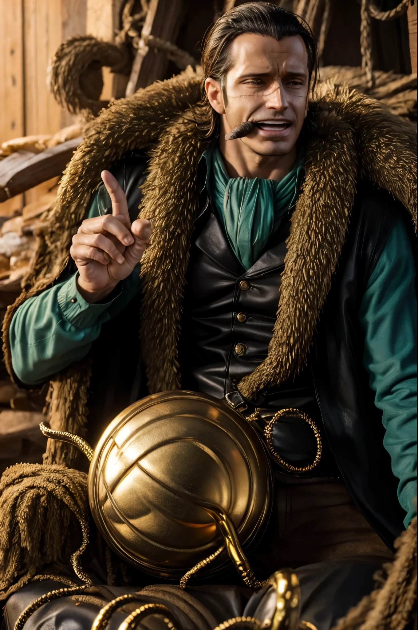 masterpiece, best quality, extremely detailed, hyperrealistic, photorealistic, a cool 40s man, ultra detailed face:1.2, fur-trimmed coat, scarf around the neck, his left hand is a golden pirate hook:1.1, in cave:1.2, cigar, laughing:1.1, dynamic pose, sitting, treasure chest box:1.2