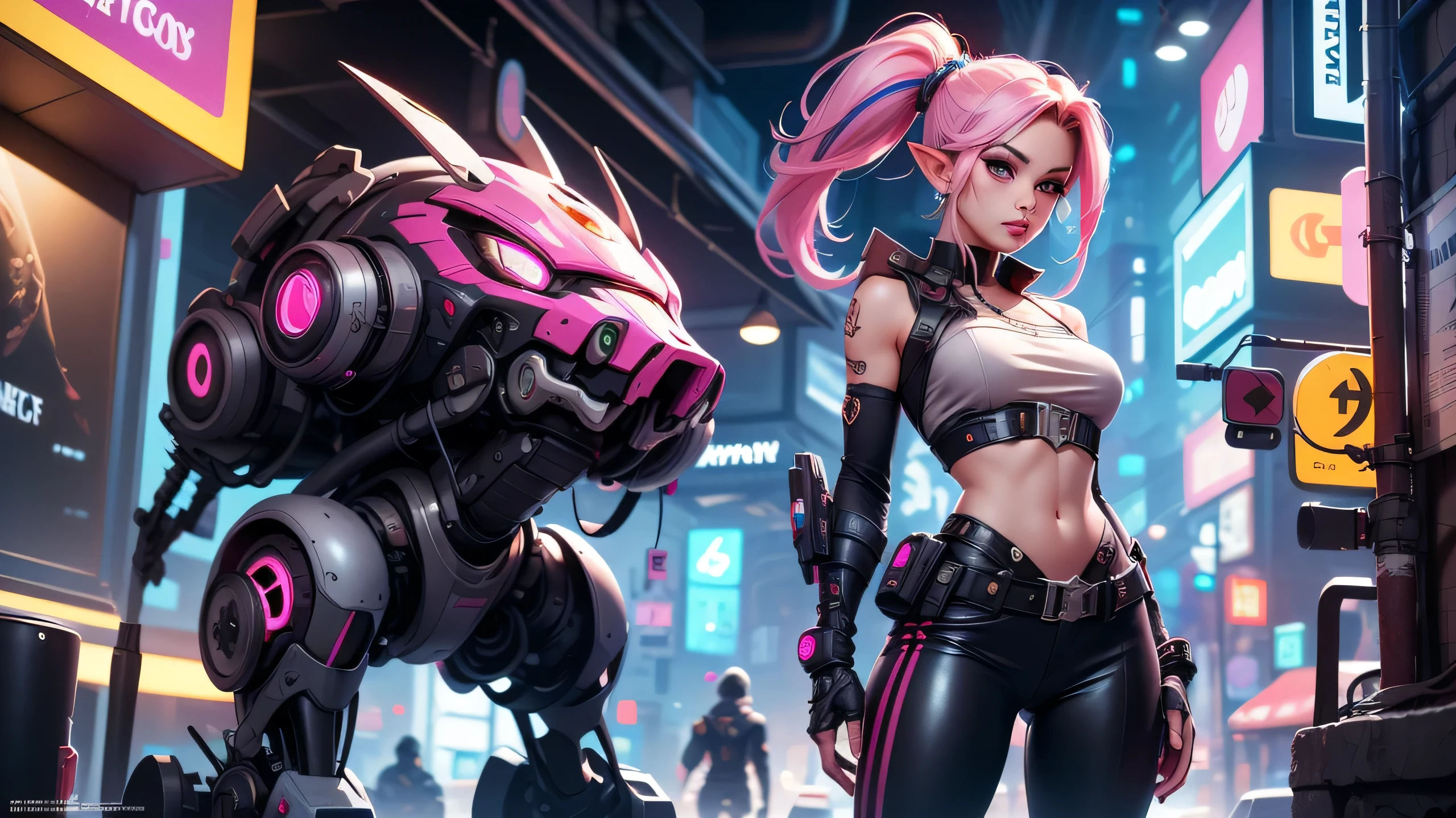 Futuristic cyberpunk town street there is cute dark elf female, she have pointy ears with lot of pircing, pink eyes purple long ponytail hairstyle with pink highlights, dark eyeshadow make up, her body covered with tatoos she have cybernetic arms with metalic claws hands, she dressed in topic and leather pants and military boots. (ultra high quality sifi fantasy art. cyberpunk fantasy style, masterpiece, ultra highquality character design, 8k quality anime art, top quality wallpaper illustration, detailed ultra high quality acurate face, highquality design and acurate physic)