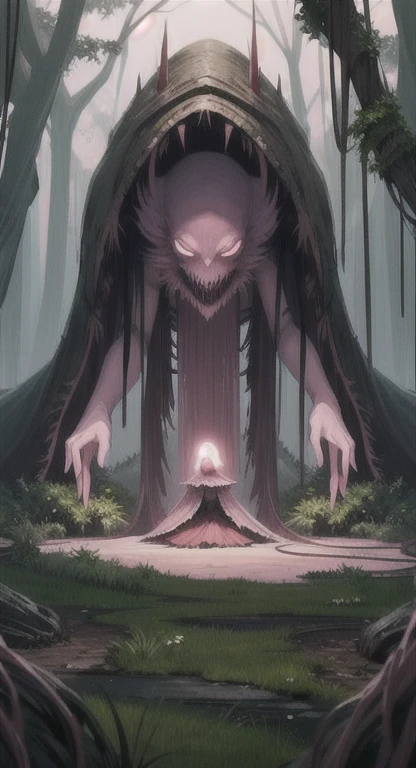 Overgrown hell life, ancient one, abandoned garden, mutated, pink rose creature, female spirit, pink skin,