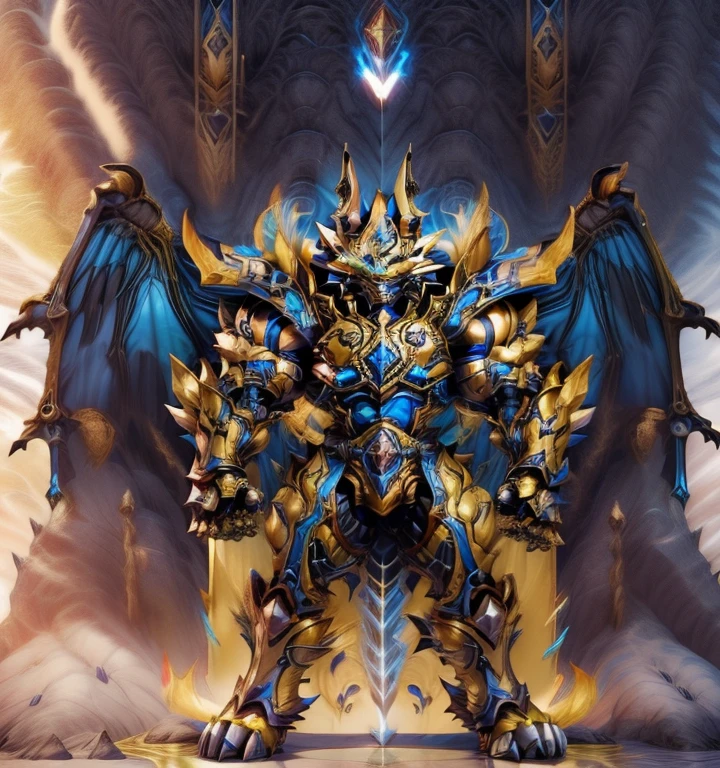 Zeraora's giant robot. (masterpiece, best quality, detailed:1.2) (Pokémon) Powered exoskeleton with the same design as Zeraora big muscle, GIANT, pecs, triceps, traps, waist narrow. bulge in the crotch, with huge golden laser sword, body full of huge muscles. also have a cloak on my back. The cloak is so long that it touches the ground, showing off muscles, mechs, Correct limbs, detailed full body, Very muscular, Large pecs, Heavyweight, Bodybuilder figure, Wearing cyberpunk mecha, big bump, sparkling skin, Vibrant colors, 4K, realism, Don't stray too far from Zeraora's design, Furry Heroes, Main is yellow COLOR, have big wings.