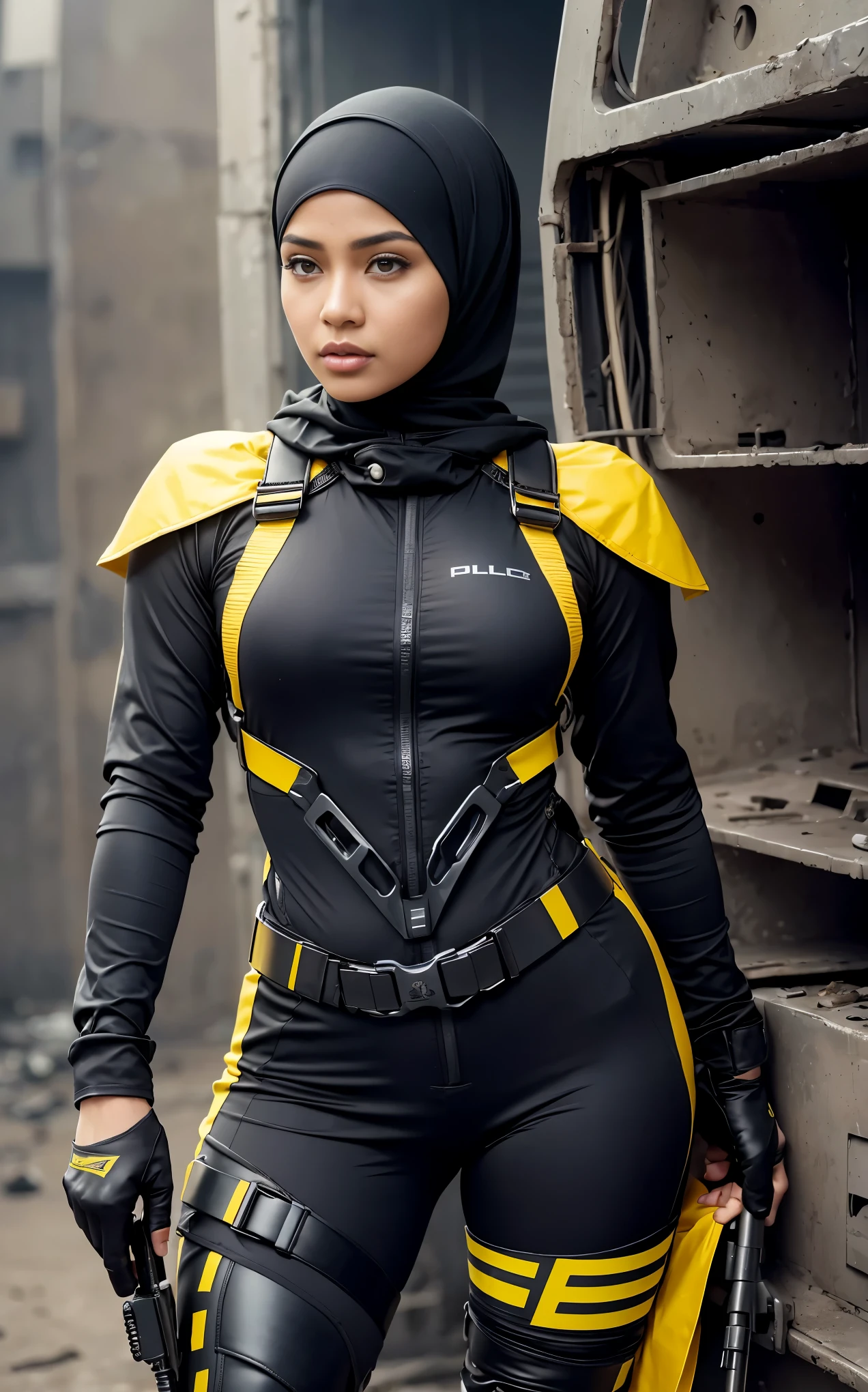 RAW, (Best quality, high resolution, work: 1.3), perfect lighting, 8k, Beautiful Malay woman in hijab, perfect fit body, ((wearing racing suit likes police uniform, black and grey mecha, wearing high-tech headset, military harness, cloths colored base on black and white and grey and red and yellow and blue), wearing a high-tech headset, military harness with hijab, holding a machinegun, background abandoned machines, ruin