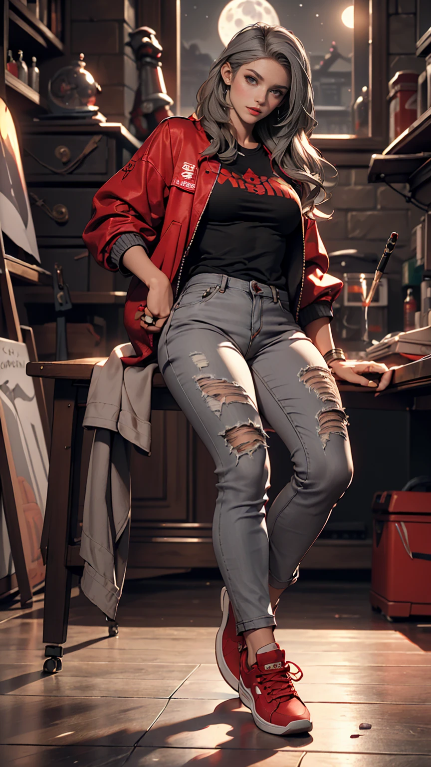 (Sci-fi fantasy), (masterpiece), (Professional Oil Painting) (highest quality), (8k resolution), (1 beautiful girl), ((Pale grey skin)), (Iron grey skin), ((Jeans Clothes)),(Red jacket)), ((Black t-shirt underneath), ((Red lipstick)), ((Black sneakers)), (Concept Art), Small box, (Long Hair), (Messy Hair), (Gray Hair), (Iron-gray hair), ((With futuristic weapons)), (ammunition), ((Moonlight at night)), (Sit down and think))