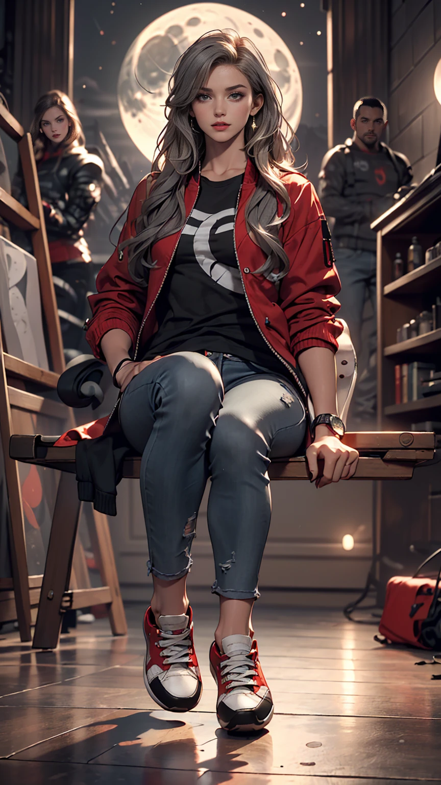 (Sci-fi fantasy), (masterpiece), (Professional Oil Painting) (highest quality), (8k resolution), (1 beautiful girl), ((Pale grey skin)), (Iron grey skin), ((Jeans Clothes)),(Red jacket)), ((Black t-shirt underneath), ((Red lipstick)), ((Black sneakers)), (Concept Art), Small box, (Long Hair), (Messy Hair), (Gray Hair), (Iron-gray hair), ((With futuristic weapons)), (ammunition), ((Moonlight at night)), (Sit down and think))