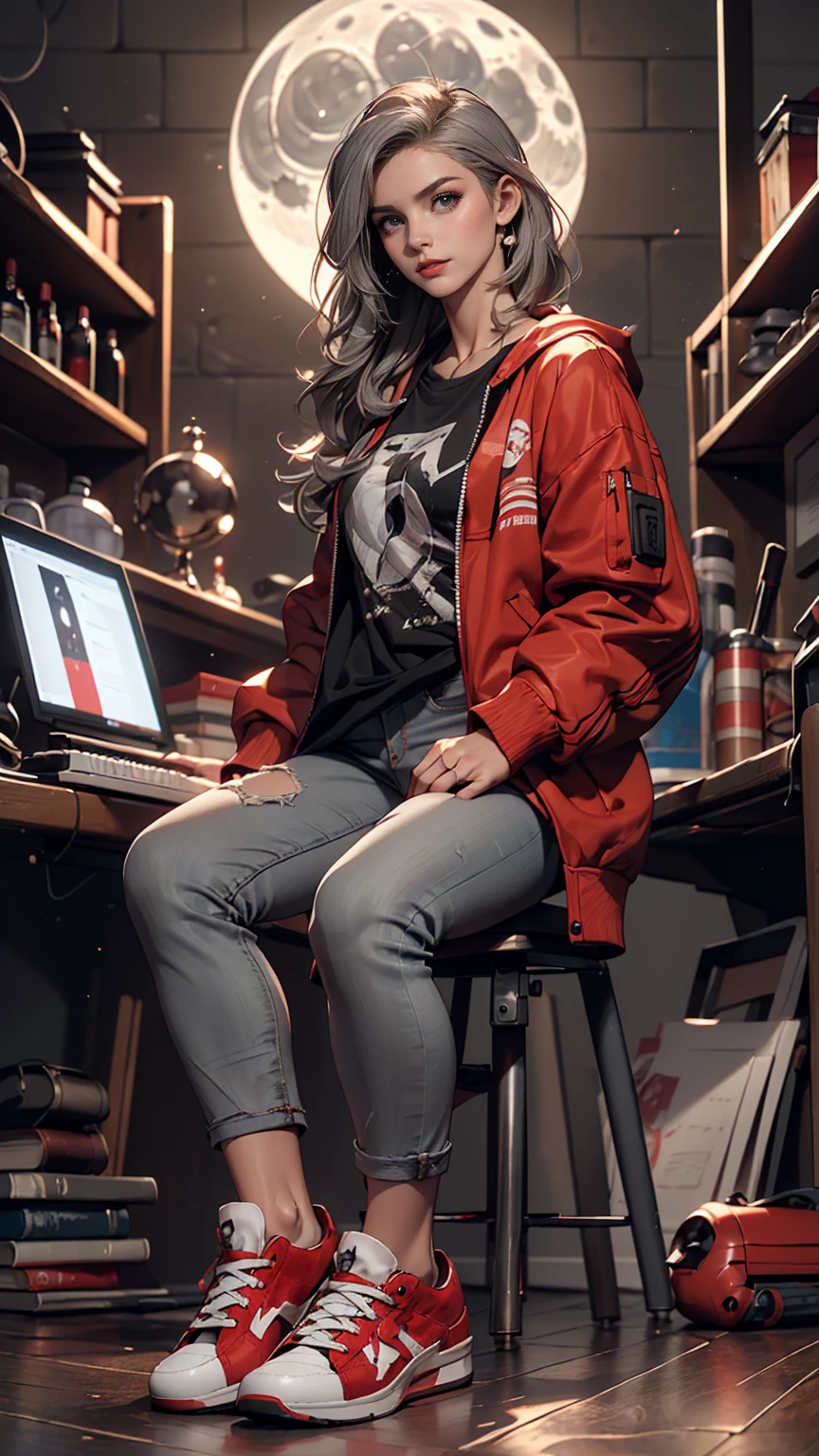 (Sci-fi fantasy), (masterpiece), (Professional Oil Painting) (highest quality), (8k resolution), (1 beautiful girl), ((Pale grey skin)), (Iron grey skin), ((Jeans Clothes)),(Red jacket)), ((Black t-shirt underneath), ((Red lipstick)), ((Black sneakers)), (Concept Art), Small box, (Long Hair), (Messy Hair), (Gray Hair), (Iron-gray hair), ((With futuristic weapons)), (ammunition), ((Moonlight at night)), (Sit down and think))