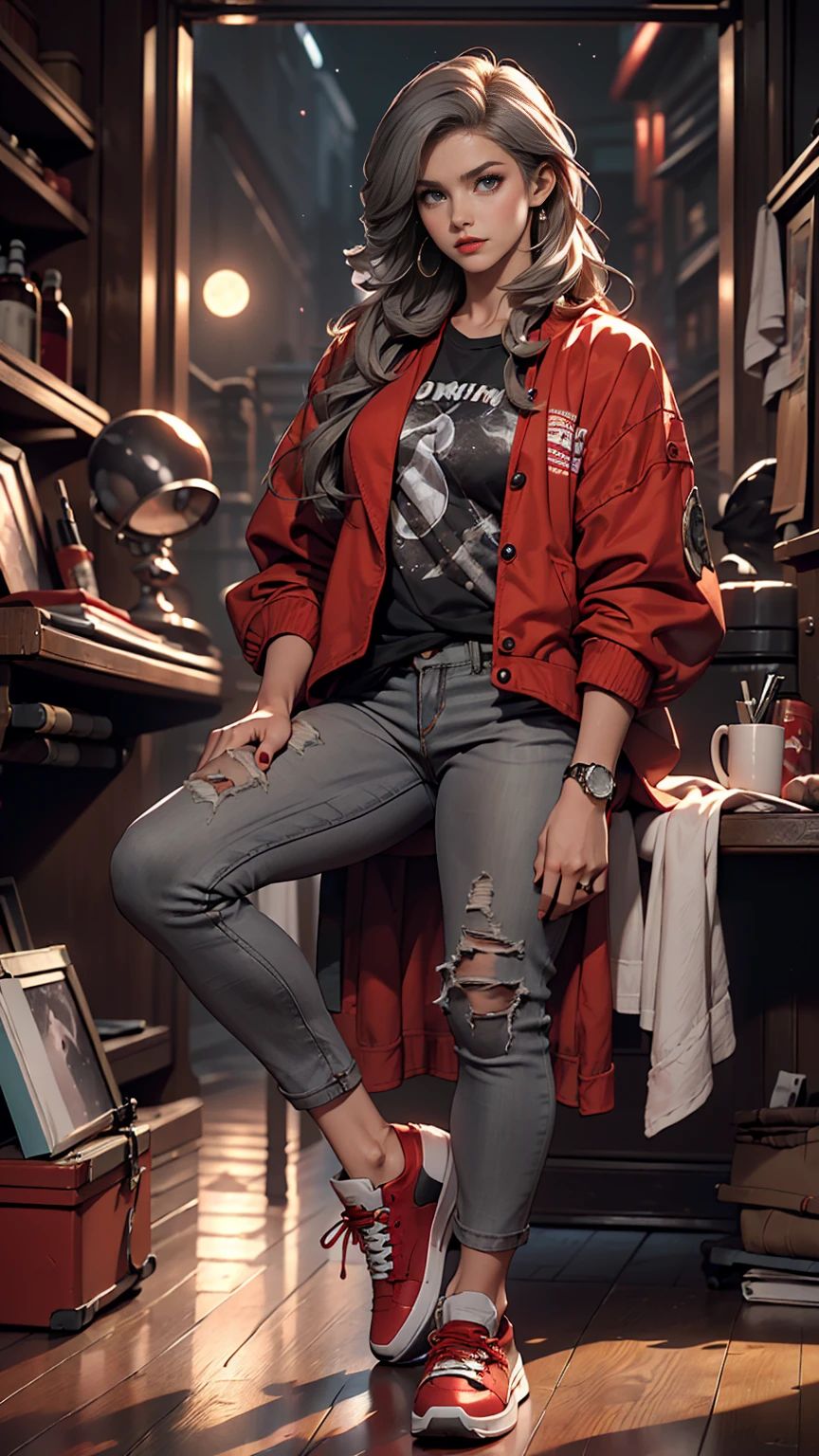 (Sci-fi fantasy), (masterpiece), (Professional Oil Painting) (highest quality), (8k resolution), (1 beautiful girl), ((Pale grey skin)), (Iron grey skin), ((Jeans Clothes)),(Red jacket)), ((Black t-shirt underneath), ((Red lipstick)), ((Black sneakers)), (Concept Art), Small box, (Long Hair), (Messy Hair), (Gray Hair), (Iron-gray hair), ((With futuristic weapons)), (ammunition), ((Moonlight at night)), (Sit down and think))