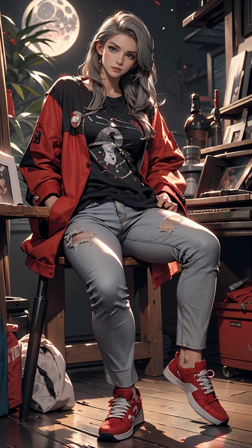 (Sci-fi fantasy), (masterpiece), (Professional Oil Painting) (highest quality), (8k resolution), (1 beautiful girl), ((Pale grey skin)), (Iron grey skin), ((Jeans Clothes)),(Red jacket)), ((Black t-shirt underneath), ((Red lipstick)), ((Black sneakers)), (Concept Art), Small box, (Long Hair), (Messy Hair), (Gray Hair), (Iron-gray hair), ((With futuristic weapons)), (ammunition), ((Moonlight at night)), (Sit down and think))