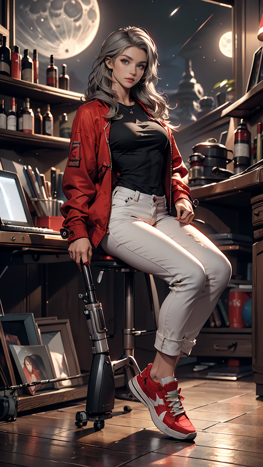 (Sci-fi fantasy), (masterpiece), (Professional Oil Painting) (highest quality), (8k resolution), (1 beautiful girl), ((Pale grey skin)), (Iron grey skin), ((Jeans Clothes)),(Red jacket)), ((Black t-shirt underneath), ((Red lipstick)), ((Black sneakers)), (Concept Art), Small box, (Long Hair), (Messy Hair), (Gray Hair), (Iron-gray hair), ((With futuristic weapons)), (ammunition), ((Moonlight at night)), (Sit down and think))