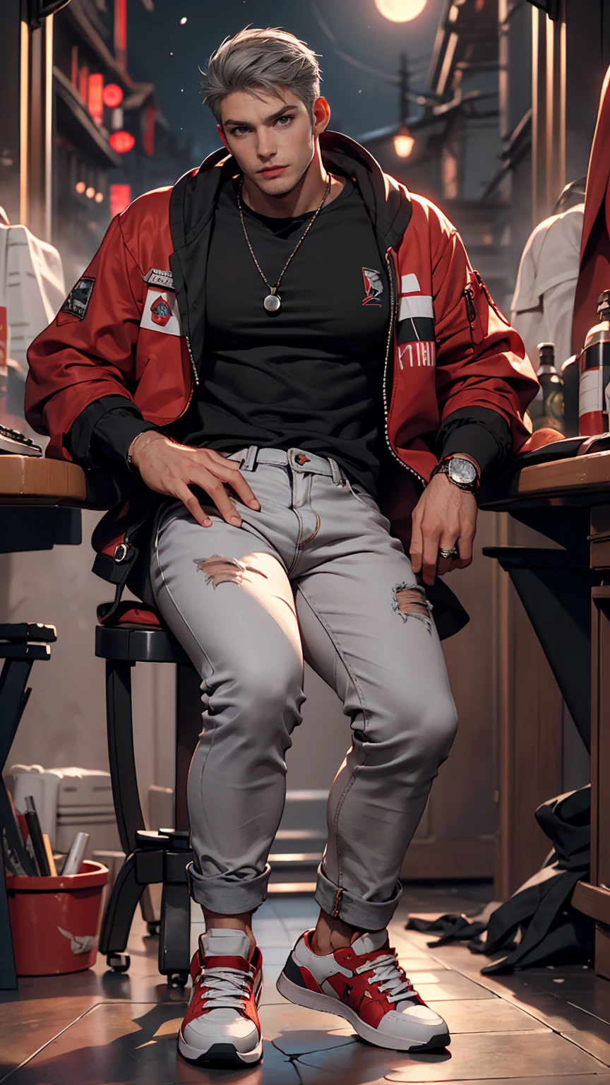 (Sci-fi fantasy), (masterpiece), (Professional Oil Painting) (highest quality), (8k resolution), (1 beautiful girl), ((Pale grey skin)), (Iron grey skin), ((Jeans Clothes)),(Red jacket)), ((Black t-shirt underneath), ((Red lipstick)), ((Black sneakers)), (Concept Art), Small box, (Long Hair), (Messy Hair), (Gray Hair), (Iron-gray hair), ((With futuristic weapons)), (ammunition), ((Moonlight at night)), (Sit down and think))