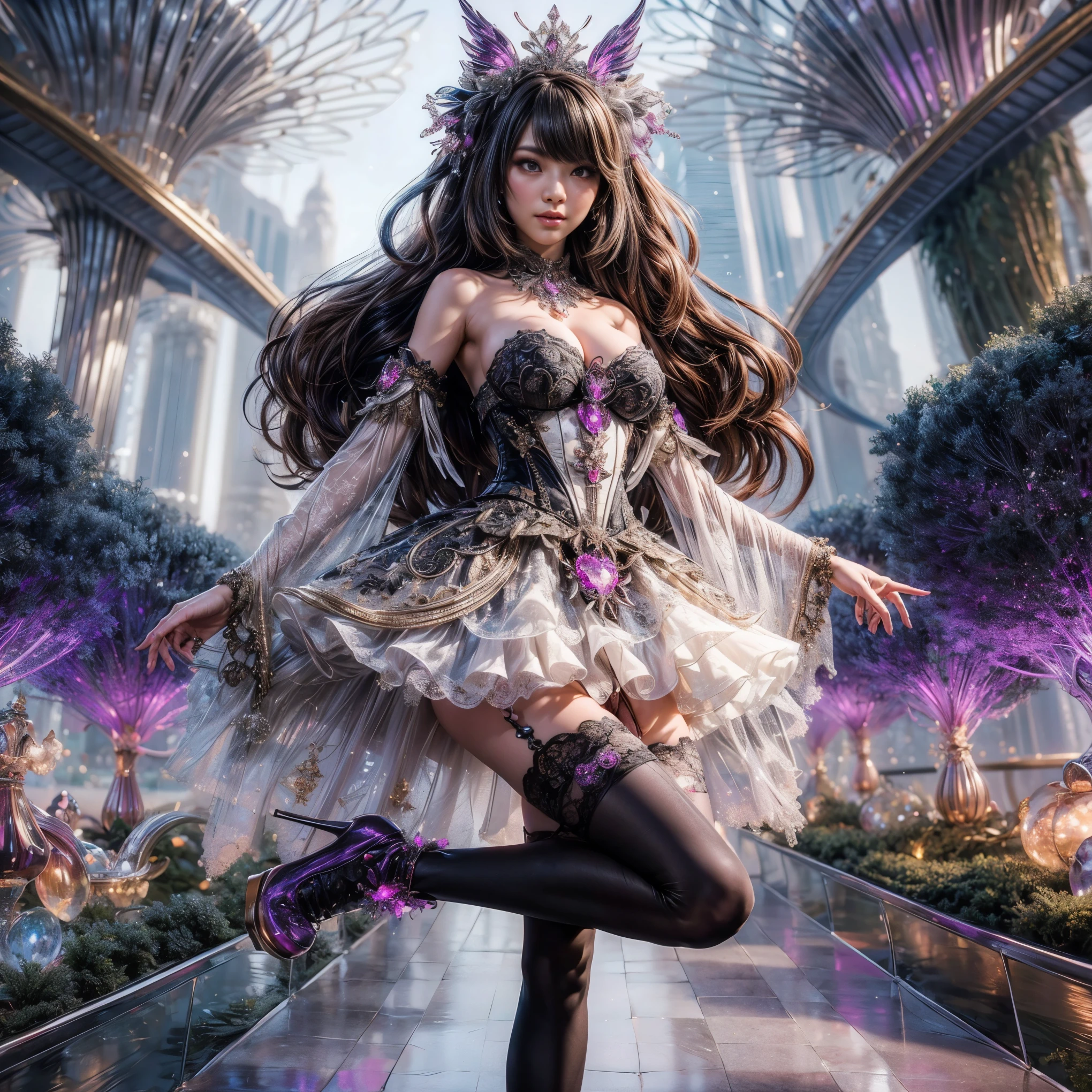 An asian woman with loose hair, standing on the stairs in the middle of a magical atmosphere, with a predominantly blue and red costume, a strapless corset-style dress decorated with bright purple jewels, a short tutu skirt, black thigh-high stockings with lace tops and ornaments purple jewels, white high heels with gold decoration, grand staircase background under mysterious sky full of stars and celestial bodies, crystal detailed, hyper realistic, hyper detail Transparent clothing, Detailed gemstones, masterpiece, best quality:1.2),,(8k,highres,RAW photo,realistic,photo-realistic:1.3),(detailed skin texture,detailed cloth texture, beautiful detailed face:1.25),professional lighting,photon mapping,beautiful soft light,radiosity,physically-based rendering,raytracing, model shoot style, model shoot style, (extremely detailed CG unity 8k wallpaper), full shot body photo of the most beautiful artwork in the world (NSFW), (Nude), (Naked), (Nipple) (pussy) (small pussy) (exposed pussy) 