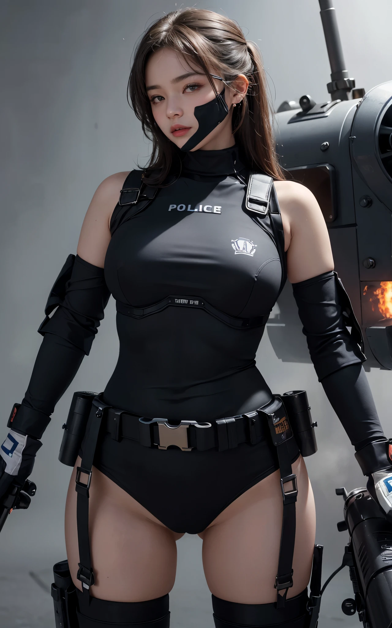 Highest image quality, outstanding details, ultra-high resolution, (realism: 1.4), ((close up:0.75)), highly condensed 1 lady, with beautiful and a delicate face, perfect proportion, ((aiming the viewer)), (chubby:0.3, small breasts), (cloths color base black), (wearing rash-guard likes police uniform, black mecha, wearing high-tech heavy gasmask, military harness, holding a machinegun, carrying hich-tech-flamethrower -tank on back), captain, background simple grey wall:1.5,